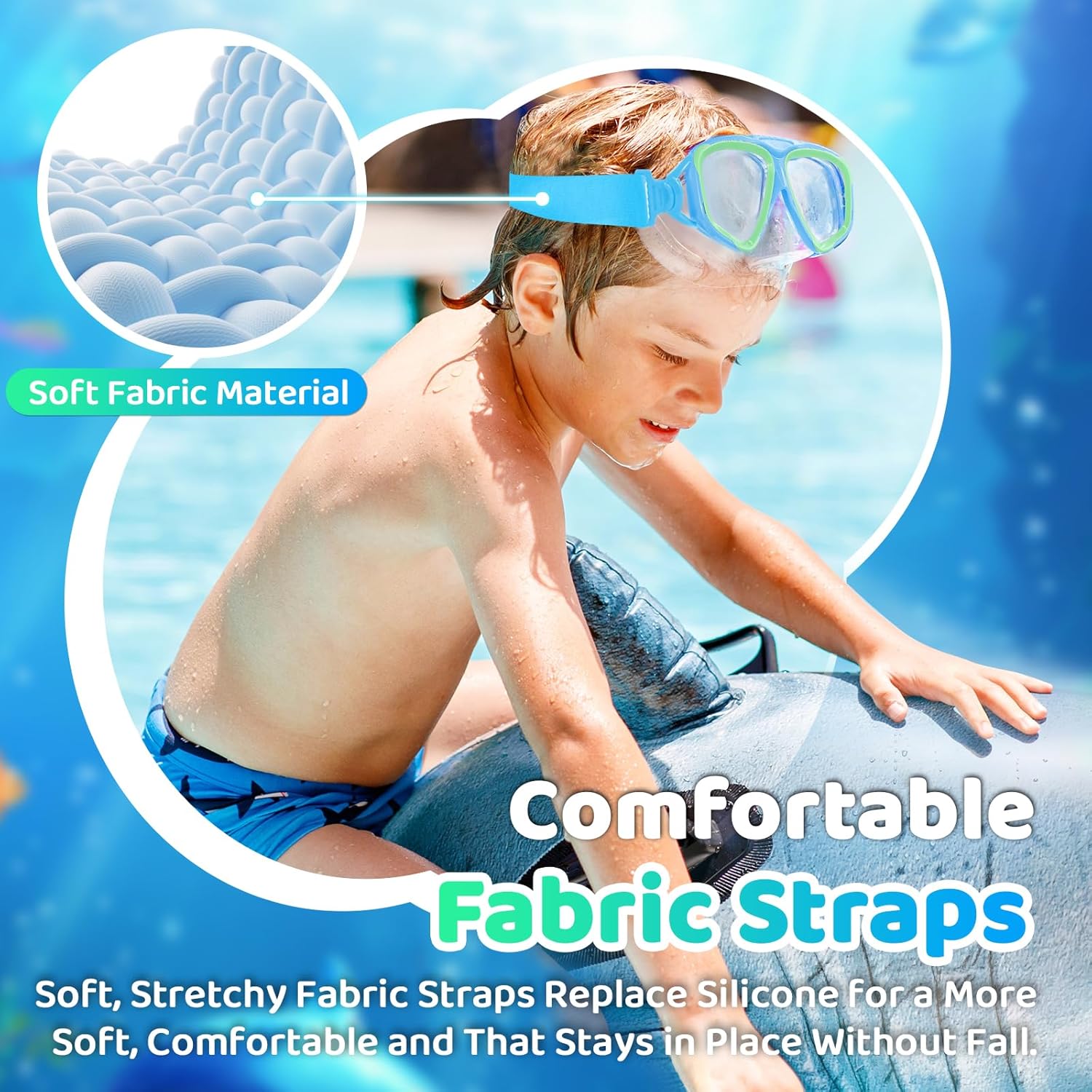 Vvinca Kids Swim Goggles with Nose Cover & Fabric Strap Anti-Fog Swimming Goggles for Boys Girls 3-14 Tangle-Free Design