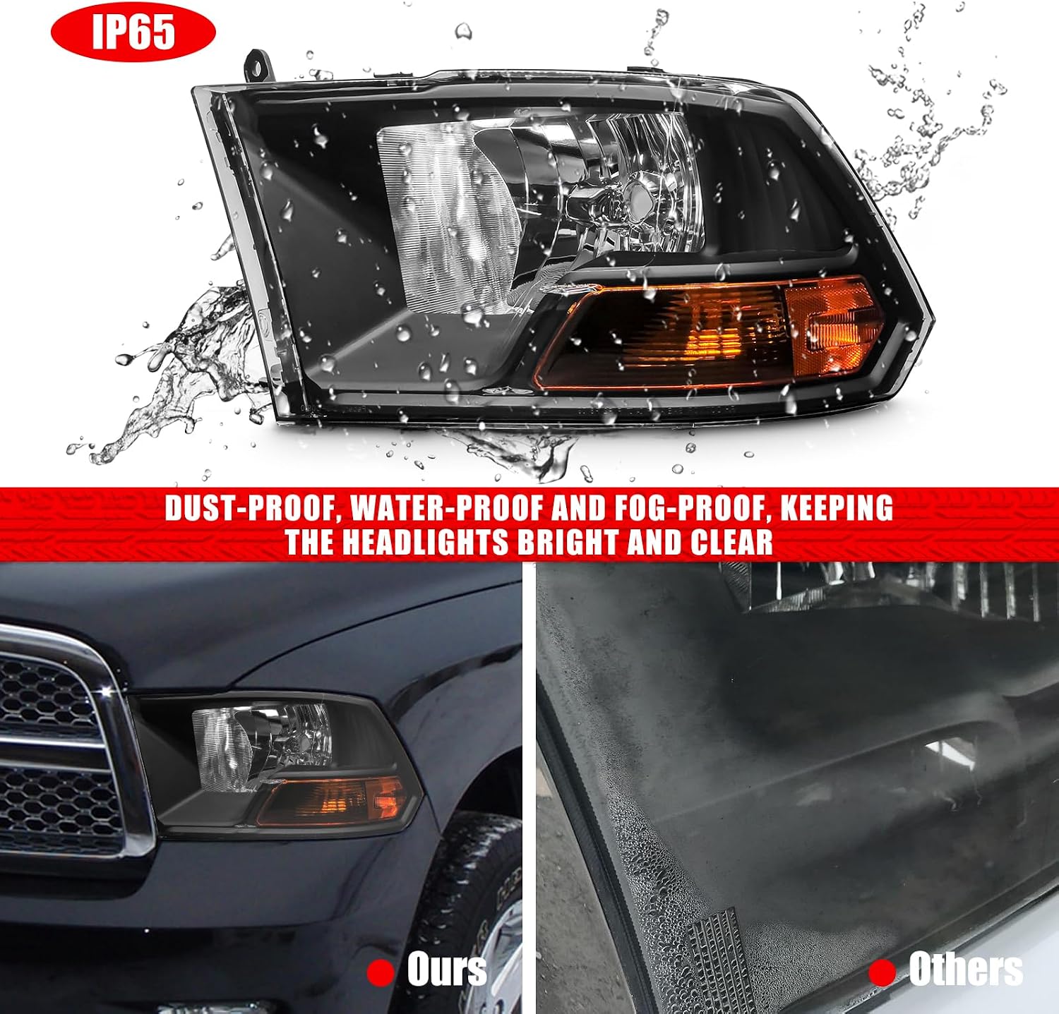 For 2009-2012 Dodge Ram 1500 2500 3500 Pickup Dual Cab Trims Headlights Black Housing Amber Reflector Driver and Passenger Side(Not fit Quad Models) Pair（W/O Bulbs）