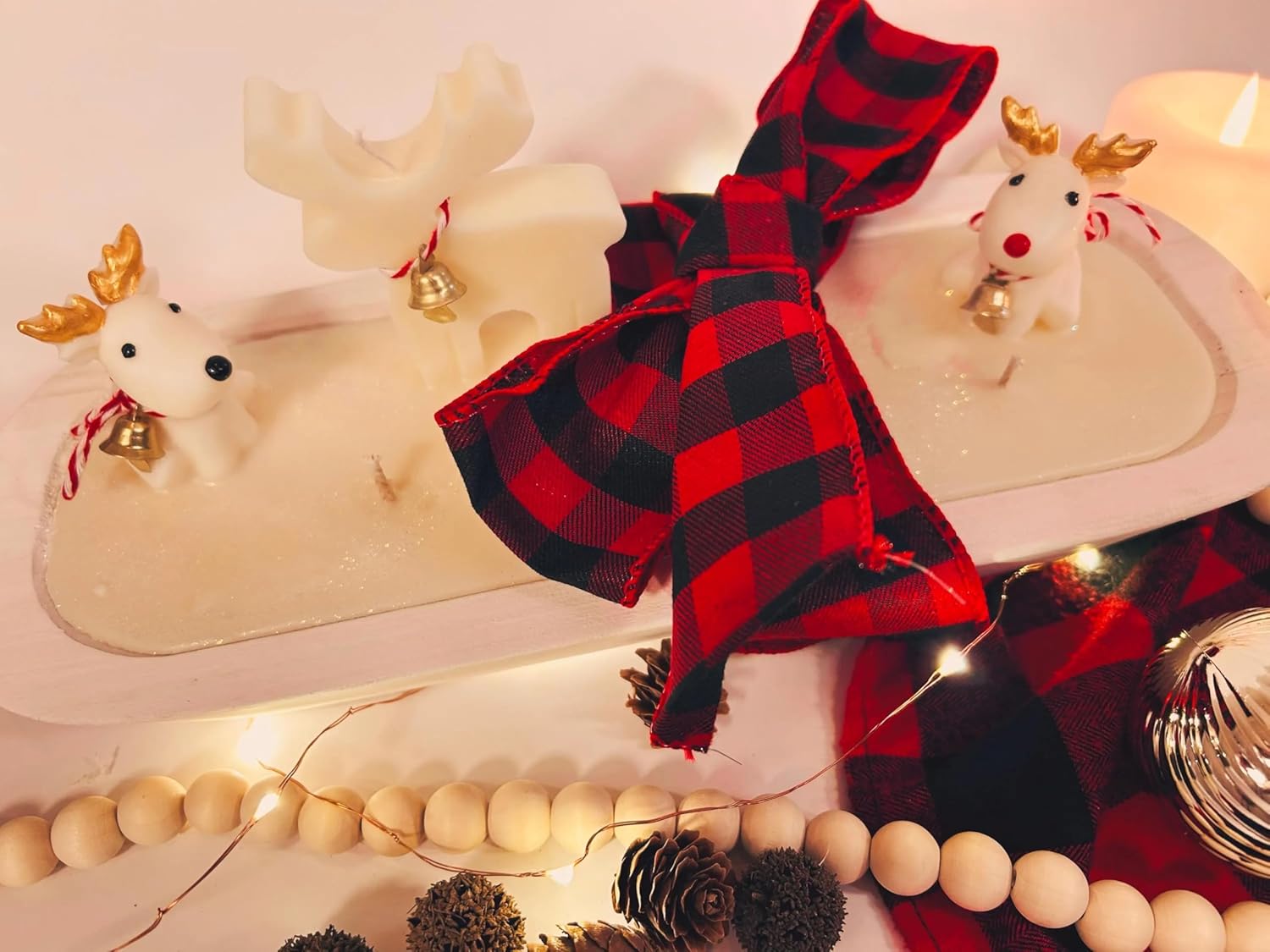 Resin Bathtub Decor Set, Reindeer Figurines, Pine Cones, Wood Beads, String Lights, Plaid Fabric