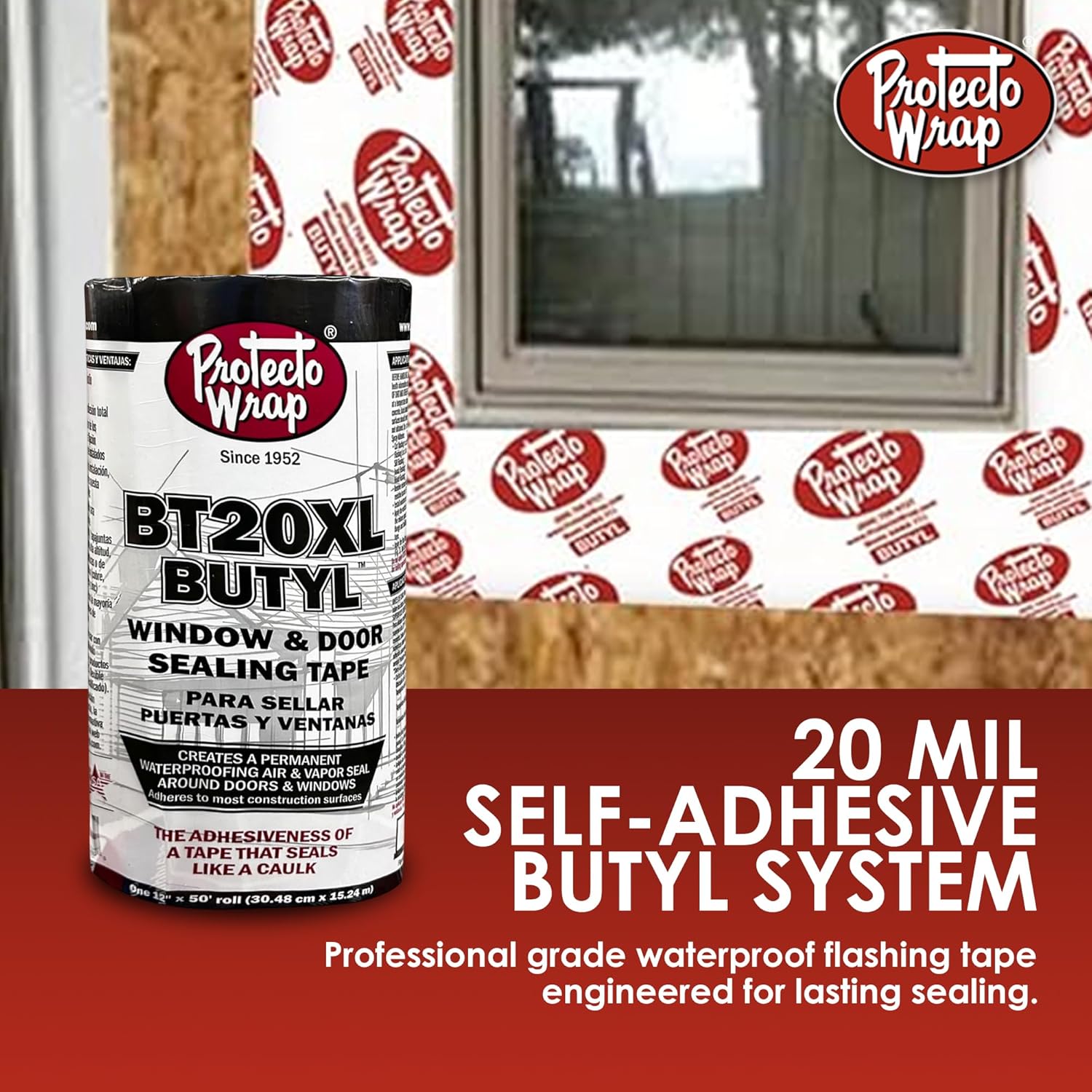 Protecto Wrap BT20XL Butyl Window Flashing Tape 12" x 50' – Professional Grade All Weather Waterproof Door & Sill Pan Sealing Tape | Self-Adhered Butyl Flashing for Windows & Sheathing Joints