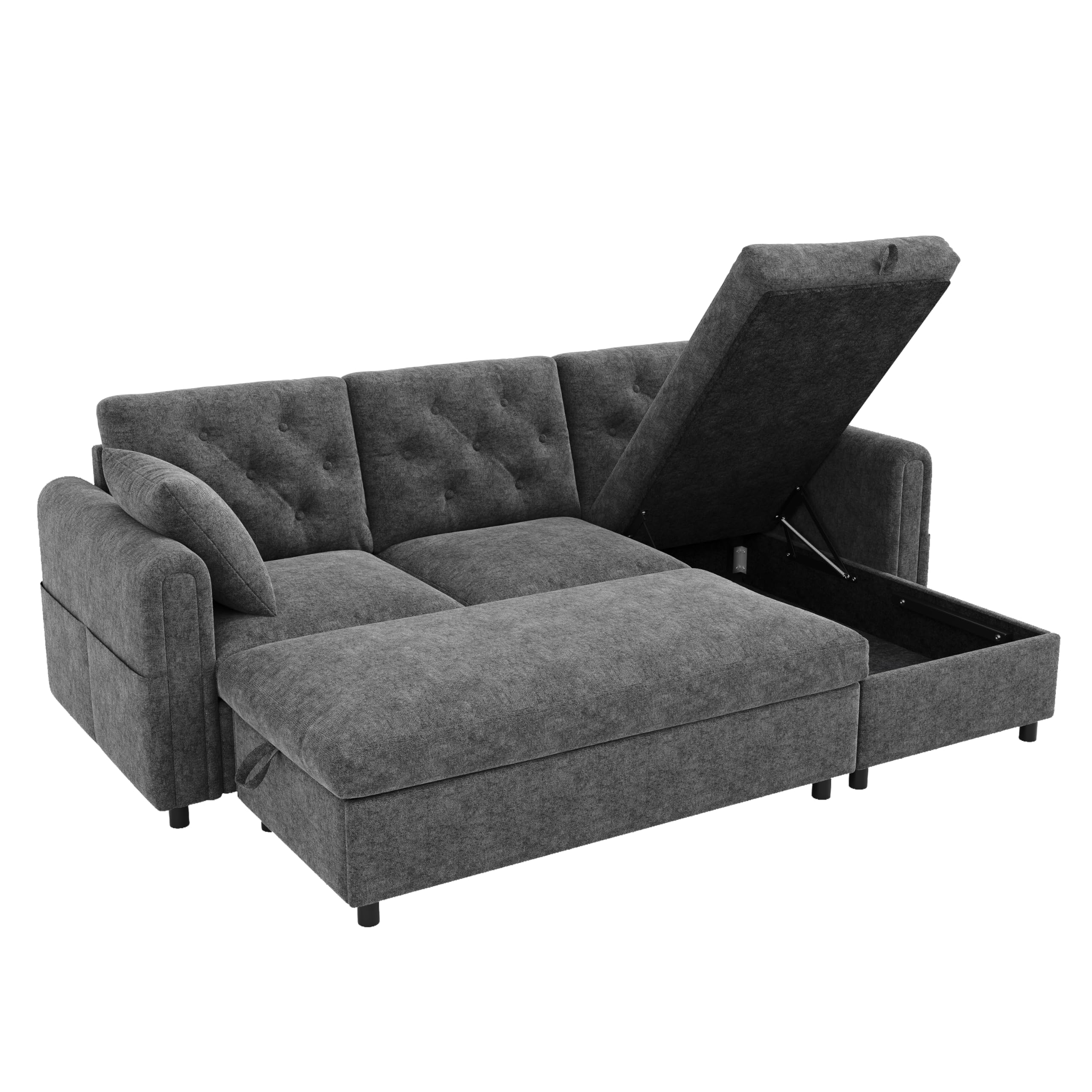 Merax Ecksofa mit Flexibler Ottomane & Hocker, Modulares L-Form Sofa mit 2 Bettkästen, beidseitig montierbar, Schlafsofa mit Seitentaschen & Knopfheftung, 3-Sitzer Couch, 219cm, Grau
