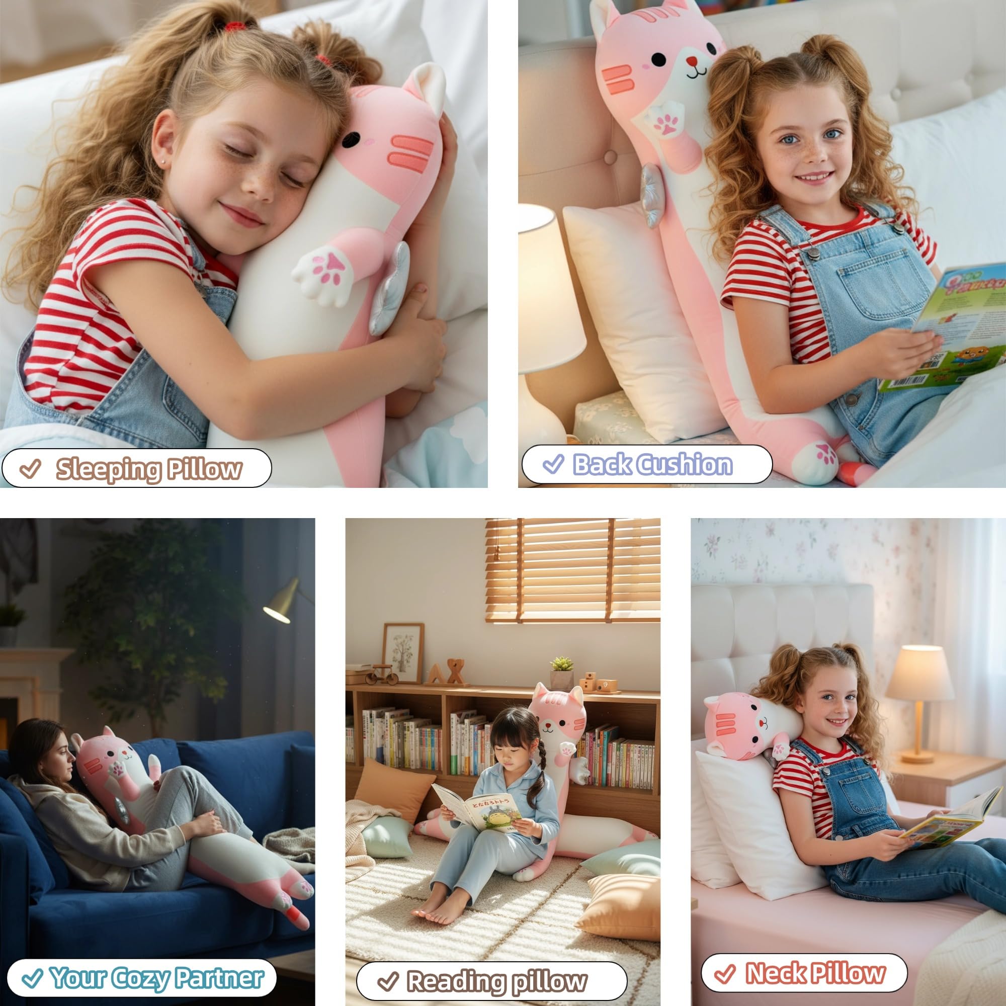 Kekeso Cuscino Peluche Gatto Lungo, Cuscino Corpo Gatto Carino con Ali, Peluche Kawaii Morbido da Abbracciare - Regalo per Bambini a Natale, San Valentino & Compleanno(Rosa, 110cm/43.31in)