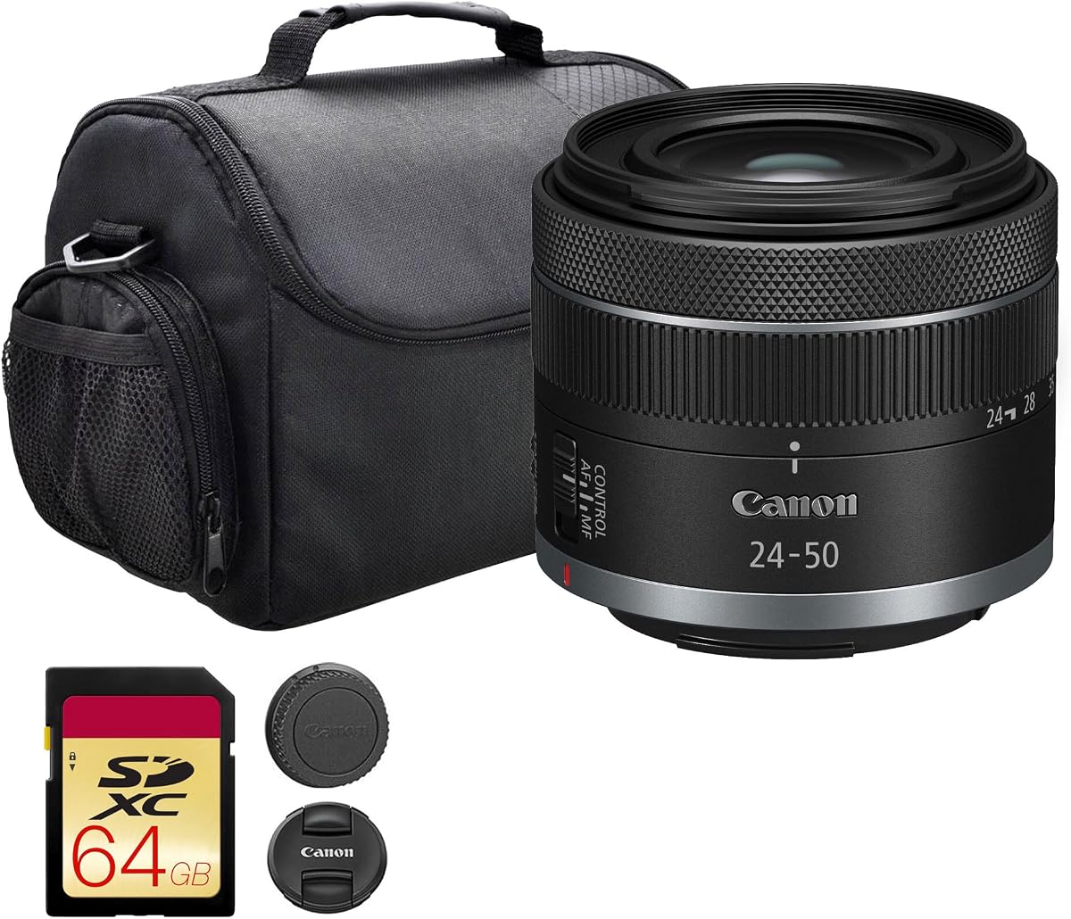 RF 24-50 mm f/4.5-6.3 es lente STM | Zoom estándar compacto con estabilización de imagen y enfoque automático STM suave | para fotografía de viajes, calles y paisajes (5823C002) + bolso de hombro + tarjeta de 64 GB