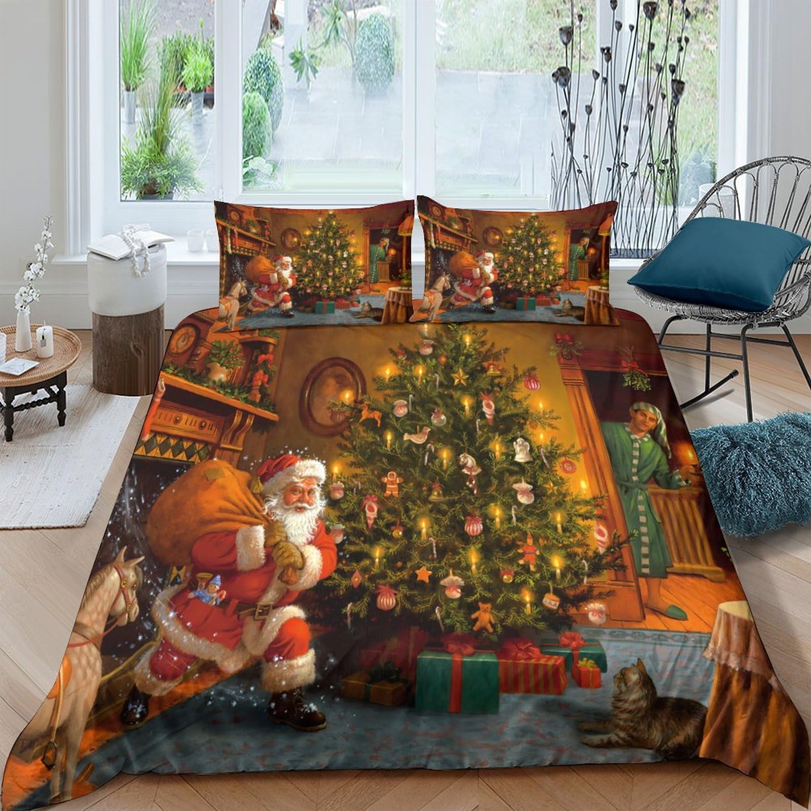 Ctjqhvkz Style-6 3D Printed Christmas Tree Fitted Sheet Microfiber Santa Claus Bed Cover For Bedroom Guest Room Holiday Decor Washable Single（135X200cm）
