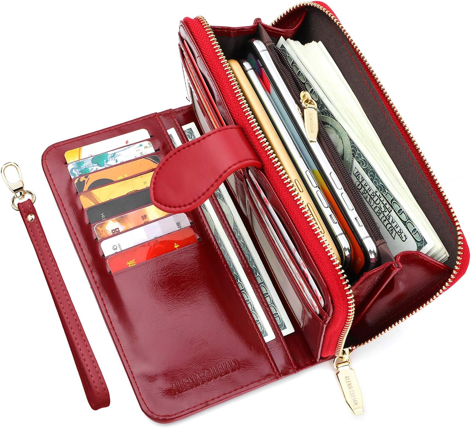 Women Wallet RFID Blocking Leather Bifold Clutch Wallet Large Capacity Long Purse with Strap (red)