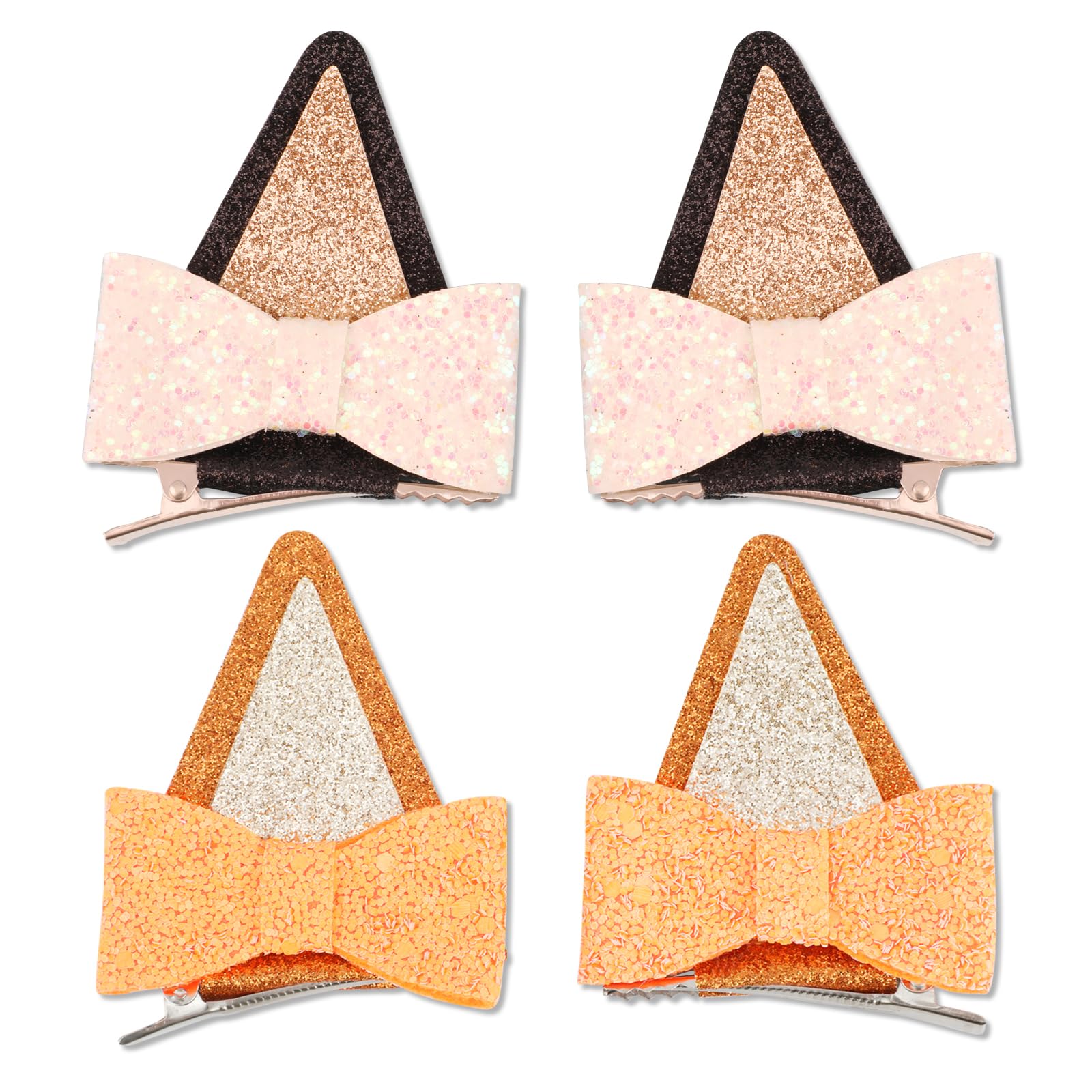 2 Pairs Dog Ears Hair Clips, Cute Glitter Dog Ears Hair Bow Clips Hair Bow Barrettes Hair Accessories for Birthday Halloween Theme Parties for Boys And Girls(Black-Pink, Orange)