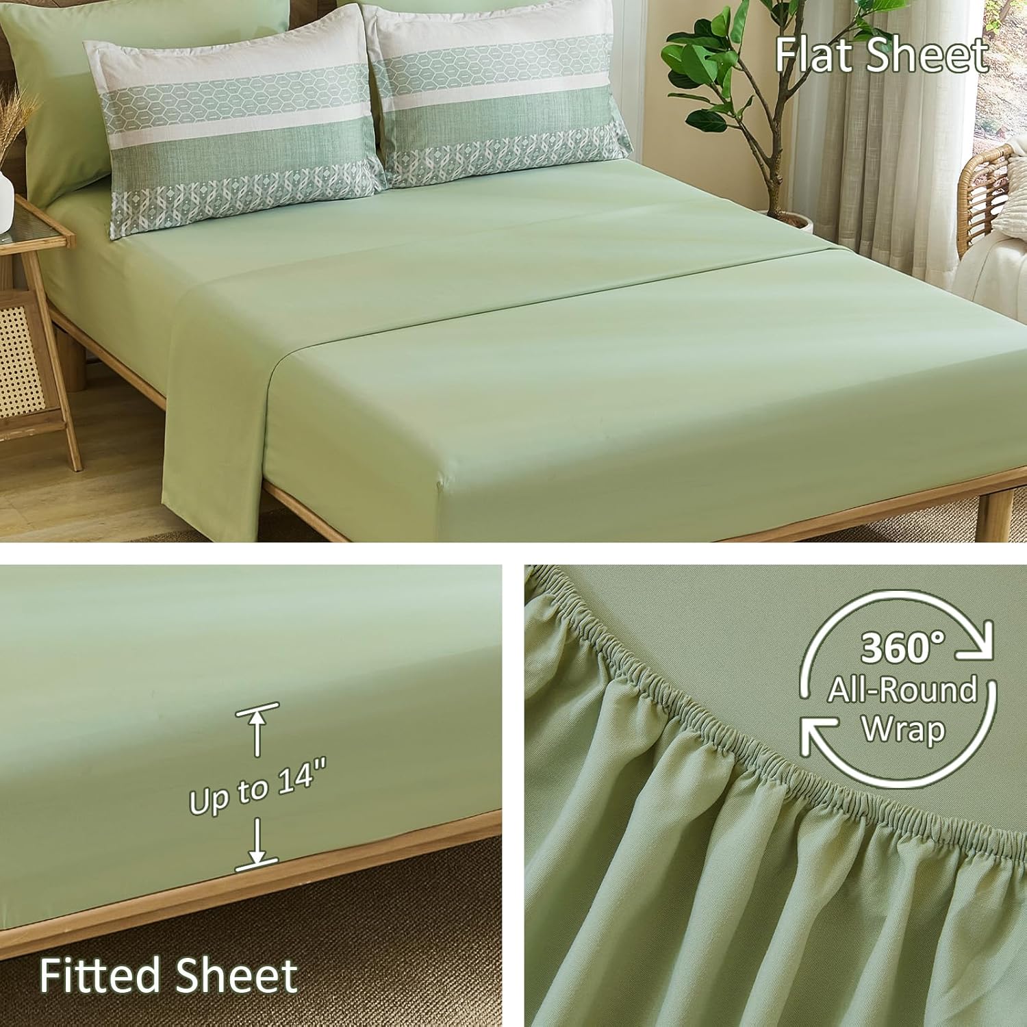 DJY Boho Comforter Set Queen Size,Sage Green Striped Bedding Sets,7 Pieces Bed in a Bag Patchwork Soft Microfiber Bedding Set for All Season(90"×90") - Image 5