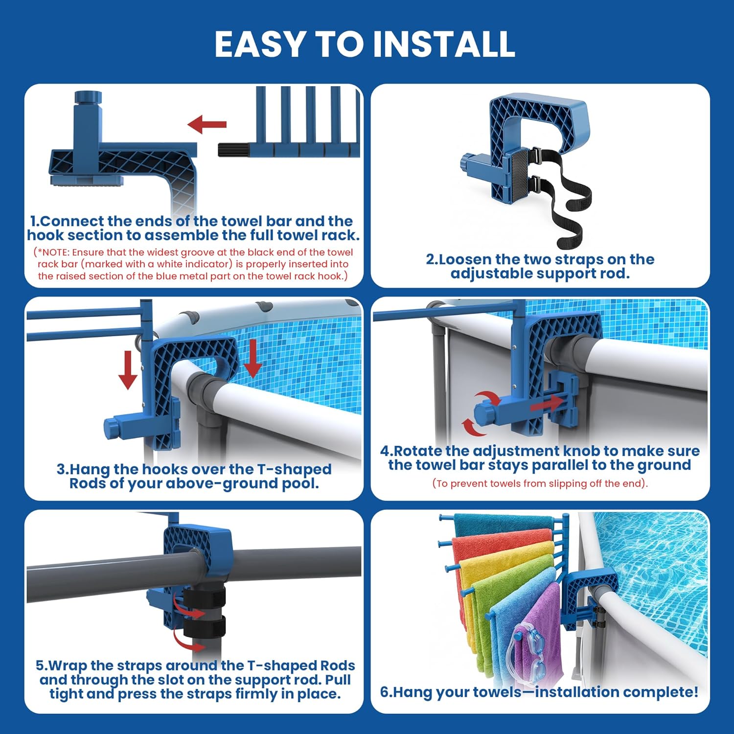 Aquajoyer Poolside Pool Towel Rack Outdoor for Above Ground Round Pools, Stainless Steel Swivel Pool Towel Holder 6 Bars Towel Dying Rack Towel Stand for Above Ground Pool Accessories [Patent Pending]