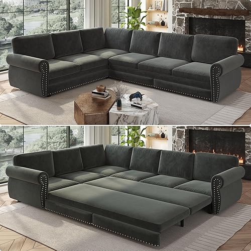 118'' Sleeper Sofa Bed, Convertible Pull Out Couch, Upholstered Sectional Sofa, Chenille L-Shaped Couch with Nailhead Trim, Modern Sectional Couches for Living Room, Apartment, Dark Grey