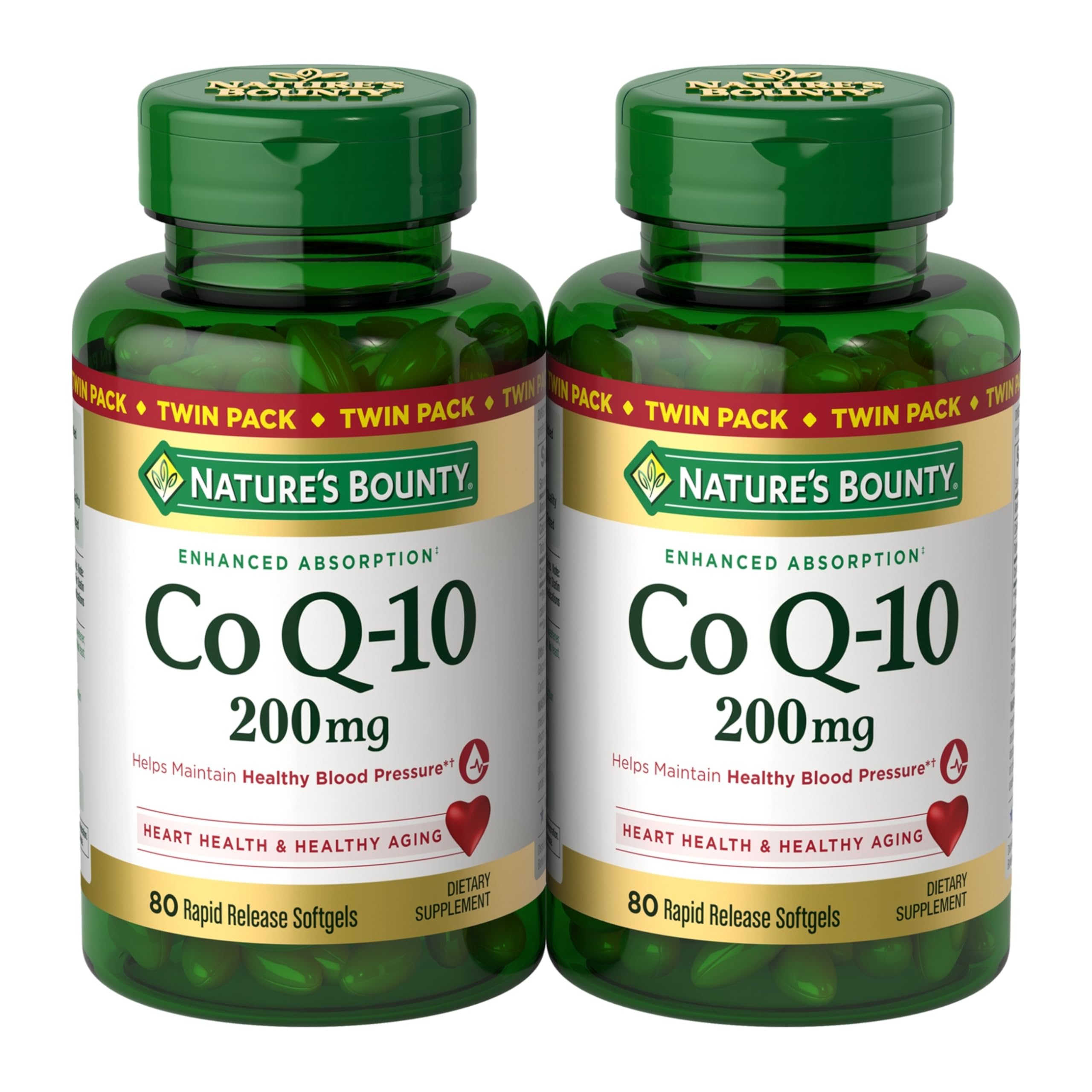 Nature's Bounty CoQ10 200 mg Softgels, Heart Health & Cellular Energy Support, Twin Pack, 160 Rapid Release Softgels