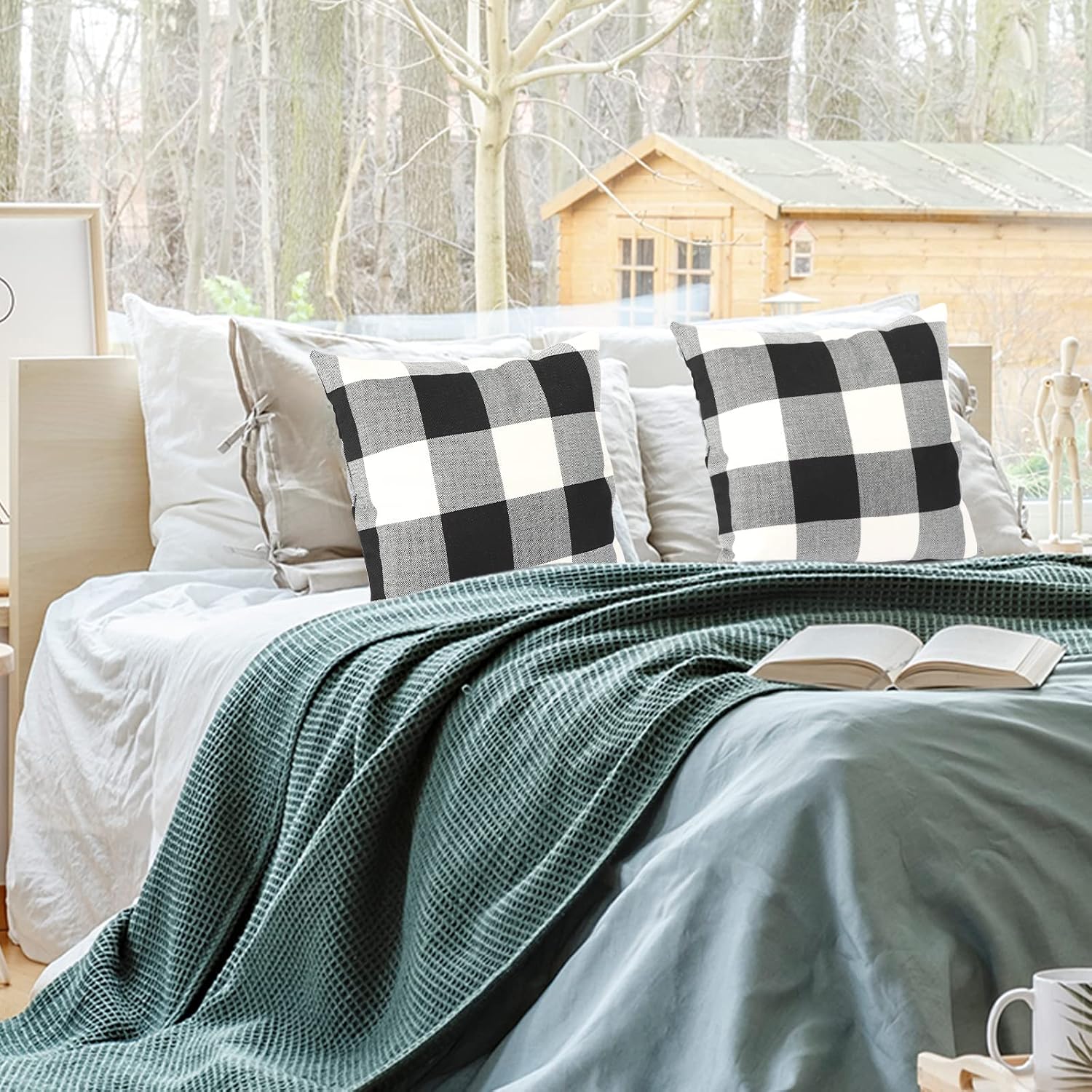 Fixwal Set of 4 Buffalo Check Plaid Throw Pillow Covers Farmhouse Outdoor Pillow Cushion Case Cotton Linen for Home Decor Black and White, 18 x 18 Inch