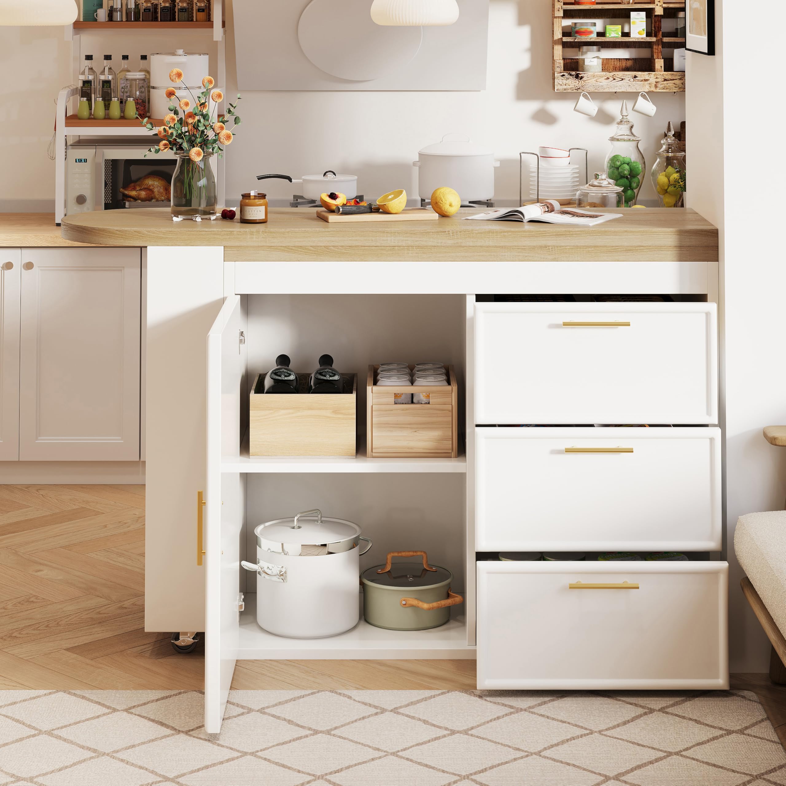 Mesa de Bar Extensible Gira 360° con 2 Ruedas y 3 Cajones, Barra Cocina Isla Cocina con 1 Puerta y Estante Ajustable, Compartimento Lateral y Dispositivo Antivuelco, 128-203x39x90 cm, Blanco