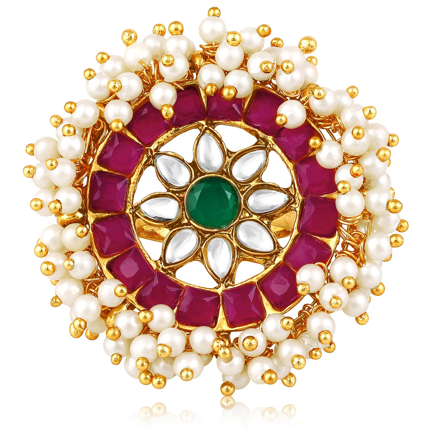 Gold Plated Rani Pink Green Kundan & Beads Studded Adjustable Finger Ring Ethnic Jewellery Gift for Women & Girls-image-44