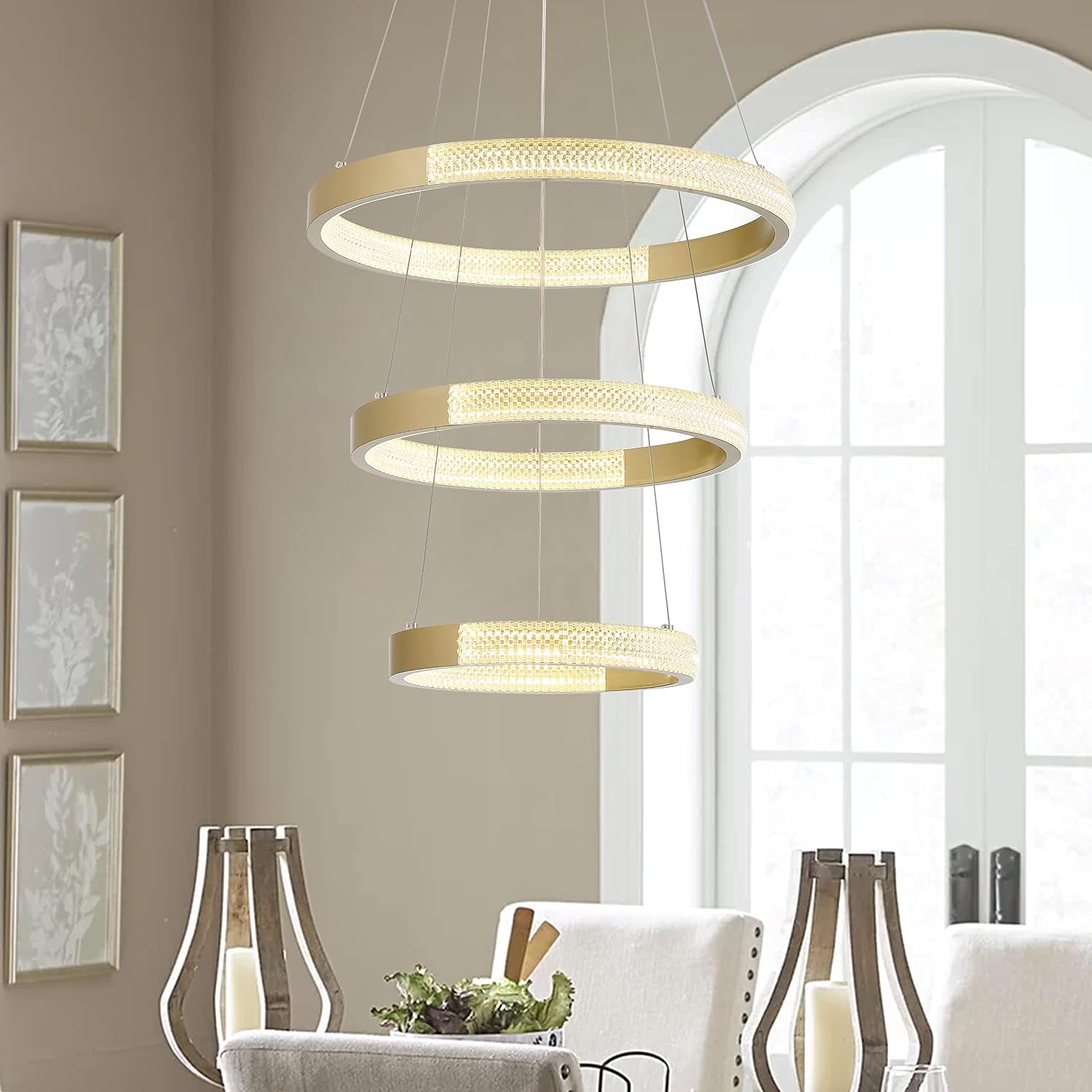 Vanity Art 3 Light Unique Tiered LED Chandelier Lighting | Modern Hanging Lights, Circular Ceiling Lights Fixtures for Dining Room Living Room Bedroom Kitchen (Gold) SYLED1013-BD