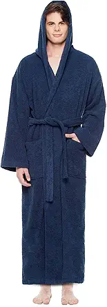 Arus Men's Hooded Classic Bathrobe Turkish Cotton Robe with Full Length Options