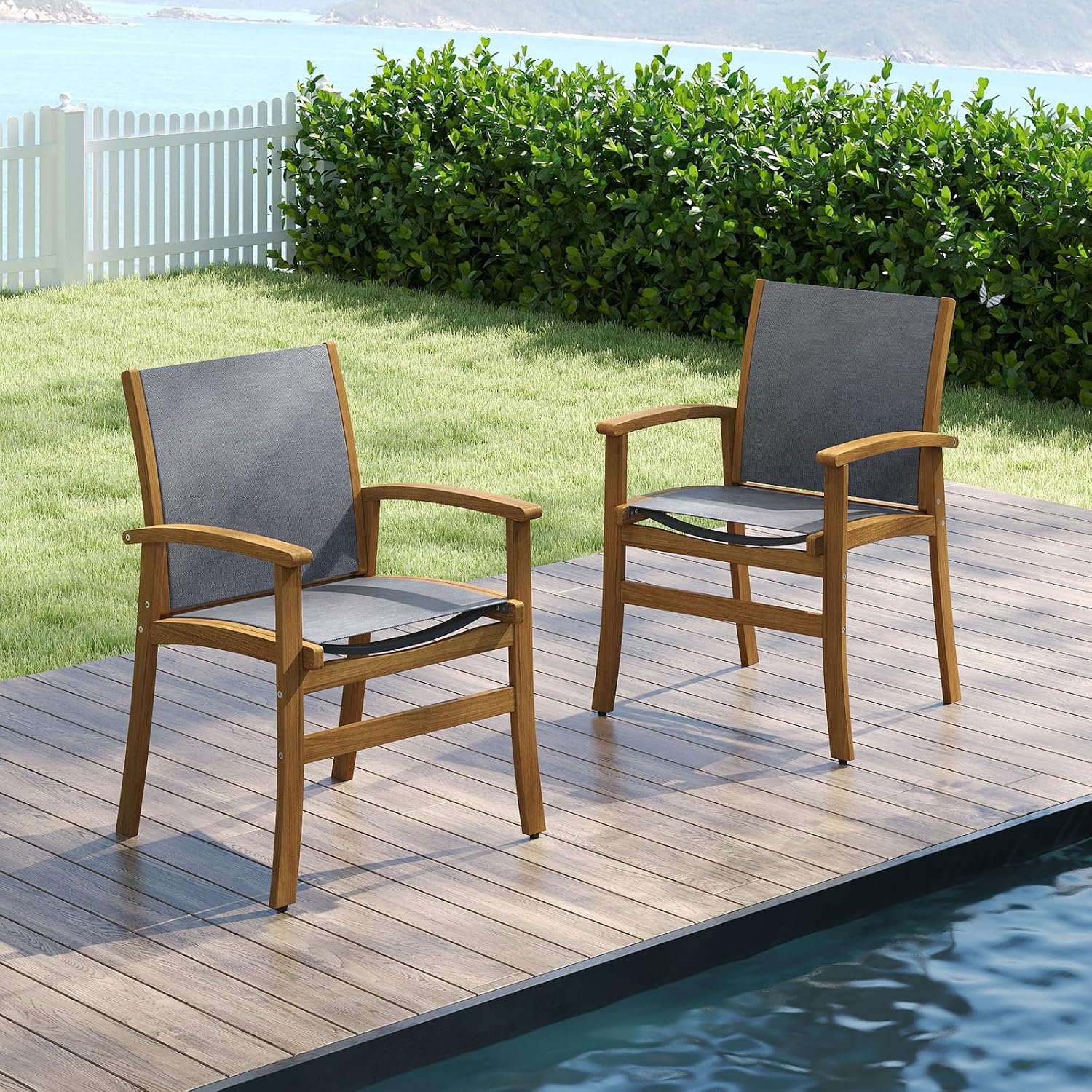 Tangkula Outdoor Dining Chairs Set of 4, Patio Chairs with Breathable Fabric, Acacia Wood Frame and 400 lbs Weight Capacity, Outdoor Wooden Armchairs for Porch, Balcony, Garden and Backyard