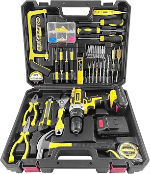 Tool Set with Drill,21V Cordless Power Drill Tool Box with 2 Battery,Electric Drill Driver with Basic Hand Tools for Home Repair and DIY Projects