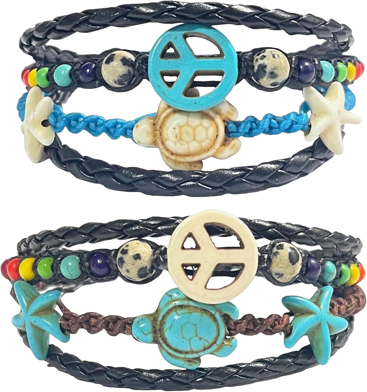 2Pcs Sea Turtle and Star Beads Bracelet - Peace Sign Hemp Bracelet-Raibbow Beads Bracelet Friendship Gifts for Women Men Girls Adjustable Cord