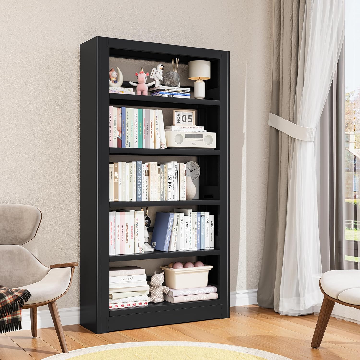 Heavy Duty Office Bookshelf, 5-Tier Adjustable Library Bookshelves, Modular Book Shelf with Expansion Capability, 69” Tall Metal Bookcase for Heavy Books, Living Room. Black Bookshelf.