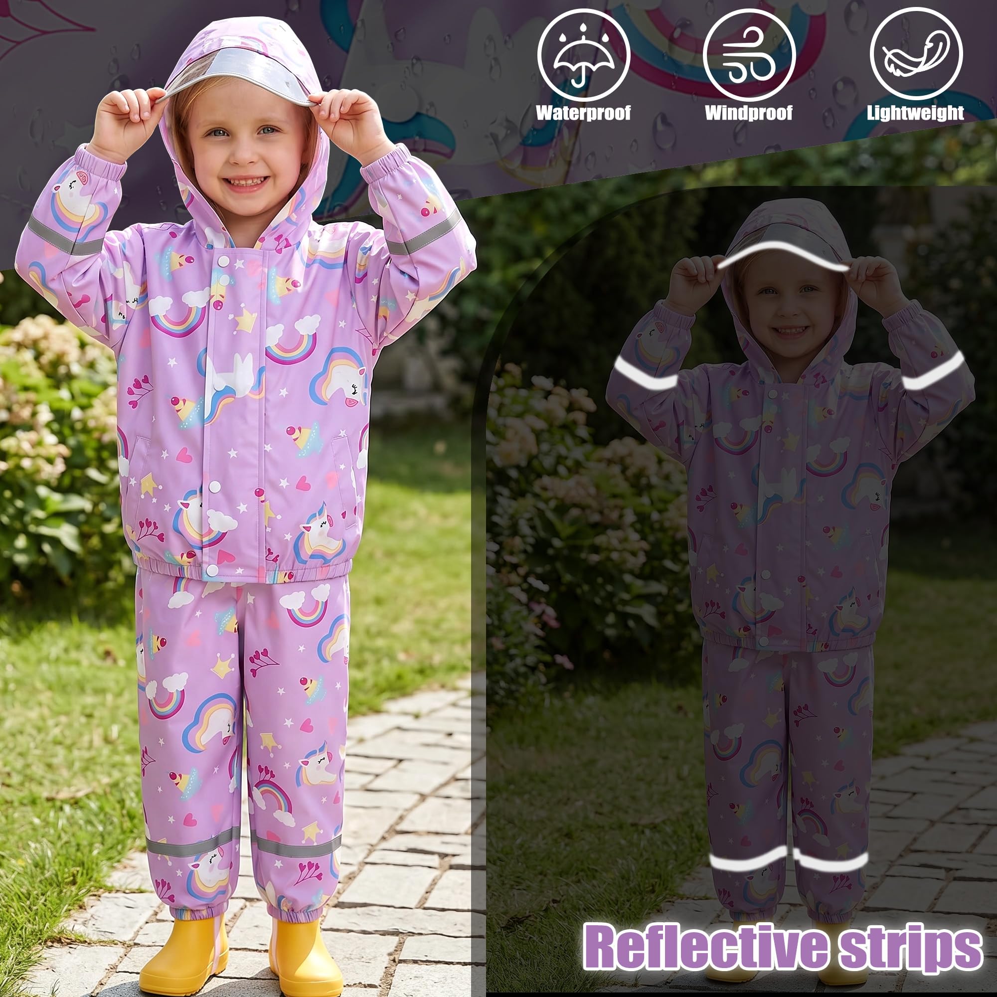 Traje de Lluvia Impermeable para Niñas, Conjunto de Chaqueta y Pantalón de Lluvia Ligero, Exteriores Impermeables Unicornio Abrigos con Capucha, Antiviento Chubasquero para 1-7 años