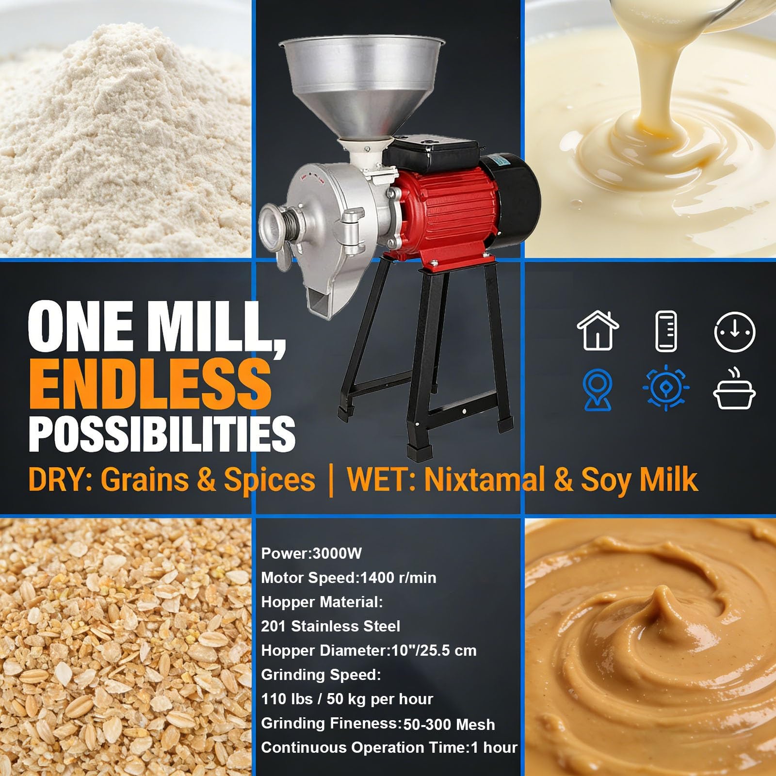 Broyeur de Grains Électrique Sec et Humide pour Famille et Ferme - Moulin pour Faire de la Farine et du Lait de Soja - Machine à Broyer le Maïs et le Riz avec Haute Efficacité