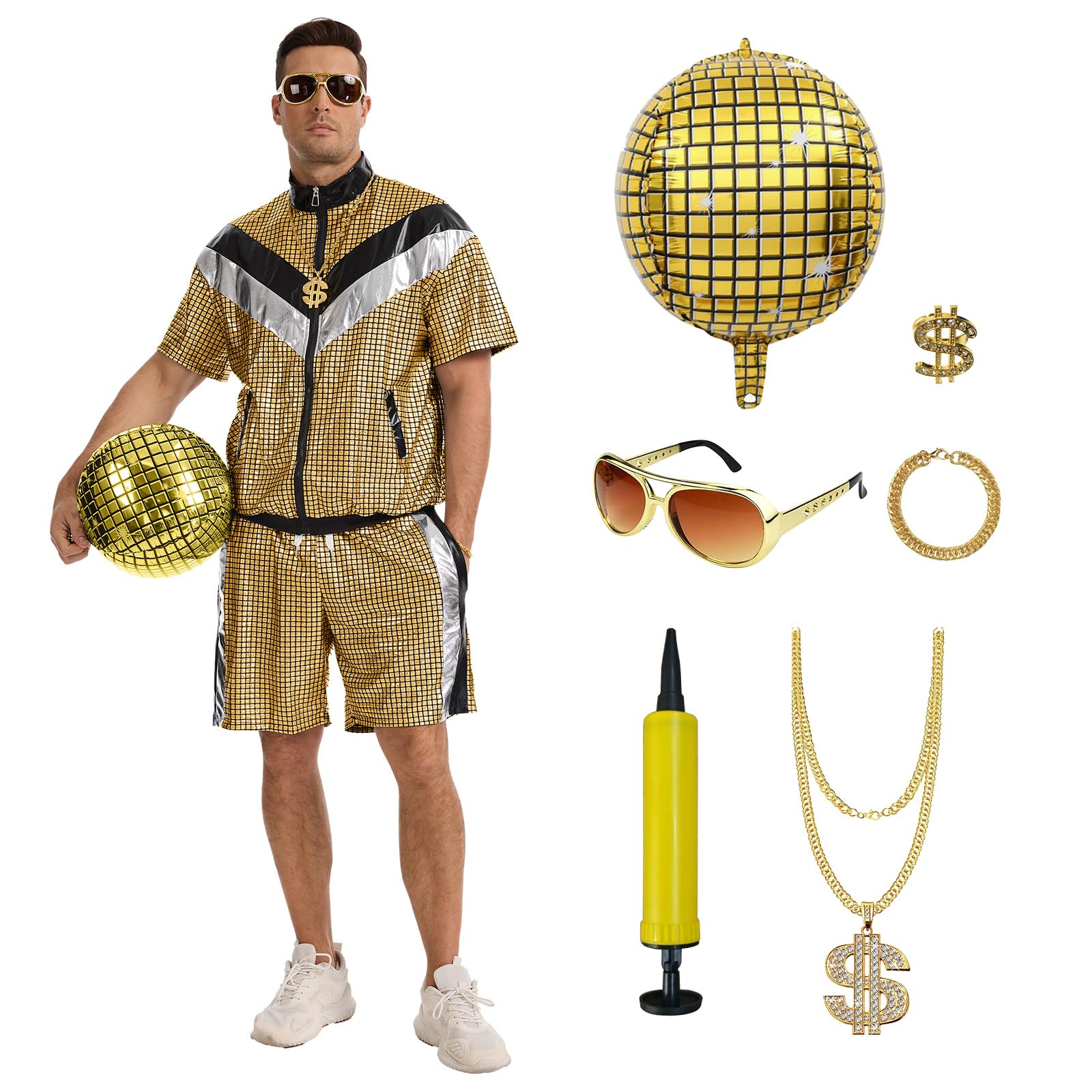 PQCXXA Retro 1970s Disco Outfit-Disco Sequin Jacket and Shorts Set for Men - 80s 90s Hip Hop Party Fancy Dress (Gold, M)