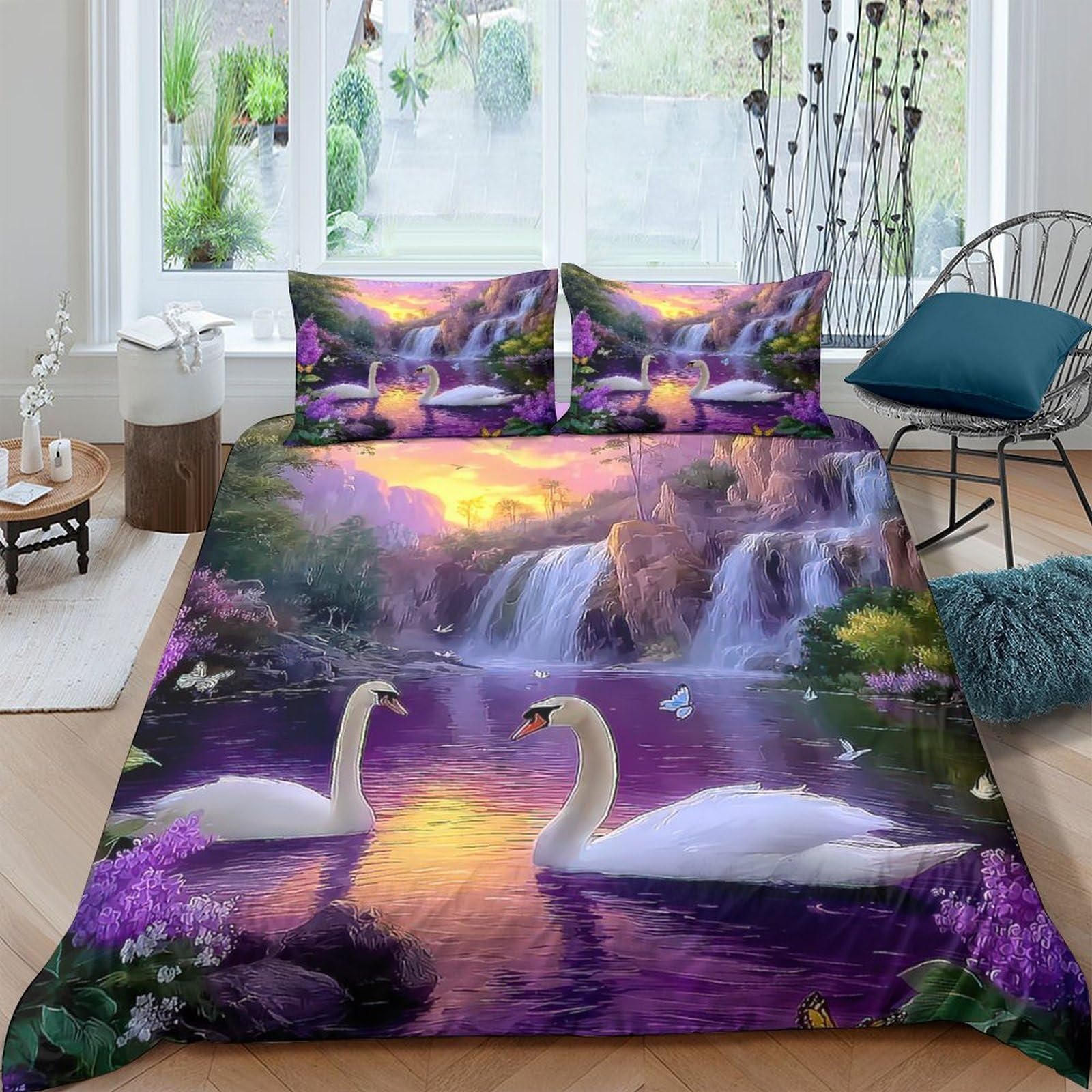 Ctjqhvkz Style-5 3D Printed Swan Waterfall Fitted Sheet Microfiber Soft Breathable Sunset Lake Mattress Cover Bedroom Decor Single（135X200cm）