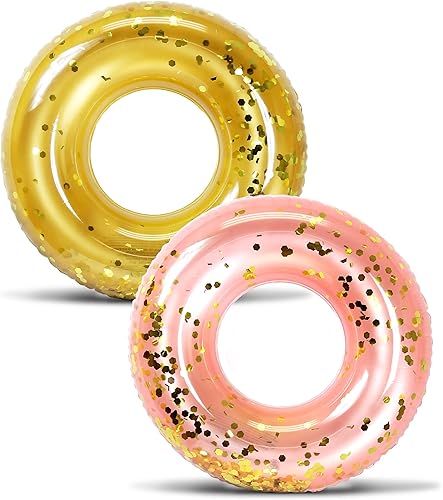 Mozlly Paquete de 2 flotadores inflables de oro y oro rosa para piscina, flotadores de anillos de natación de confeti de alta calidad (36 pulgadas),