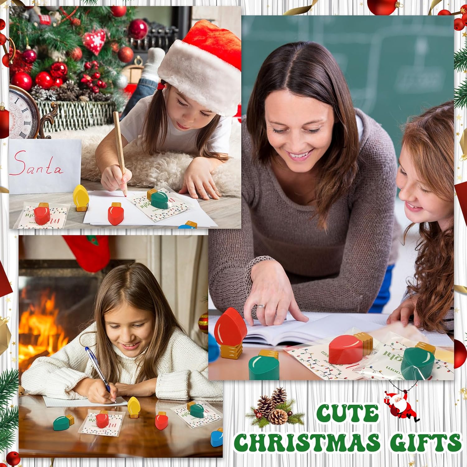 Watersay 80 Christmas Gifts Bulb Christmas Pencil Eraser Tops Mini Erasers Bulk with Merry Bright Cards and Bags Homework Rewards Prizes Xmas Holiday Gift (Bulb)