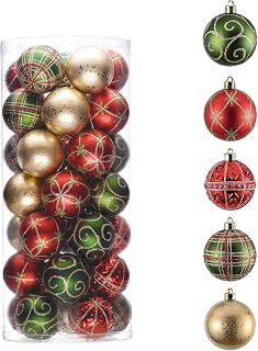 Valery Madelyn Christmas Tree Ornaments, 35ct Red Green and Gold Shatterproof Christmas Balls Decoration Set, 2.36 Inches Traditional Country Hanging Tree Ornament Bulk for Xmas Holiday Party Decor
