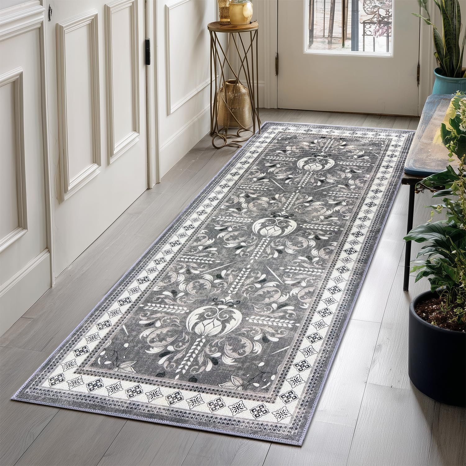 Washable Runner Rug, Non Slip Kitchen Mats for Floor, Hallway Laundry Room Rugs Backing, Waterproof Soft Comfort Standing Low Pile Distressed Organization and Storage Decor Carpet (Grey, 20"x59")
