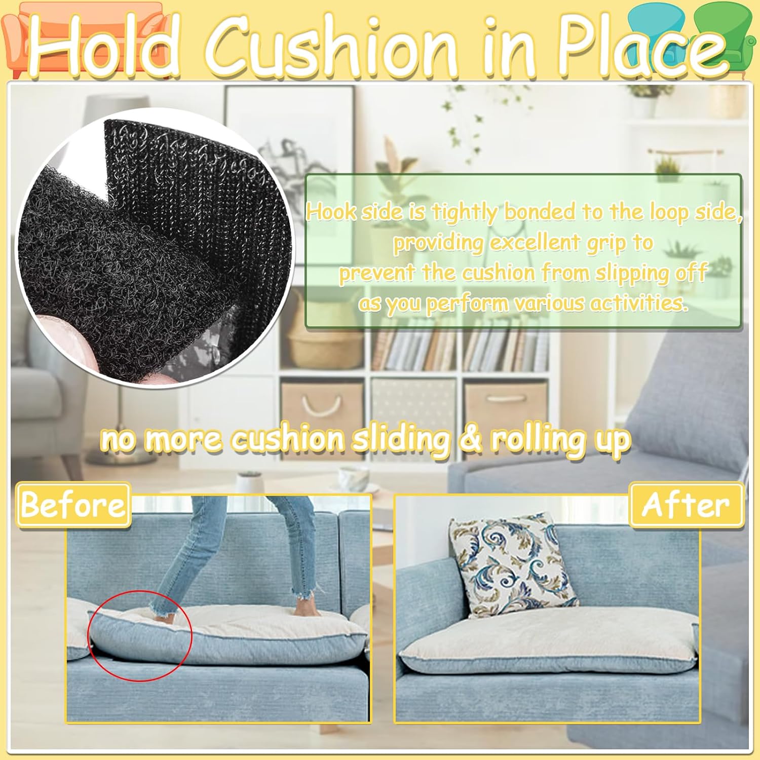 TEUVO 6" Wide Couch Cushion Non Slip Pads to Keep Cushions in Place, 9.84Ft Long Hook and Loop Tape with Adhesive for Smooth Surfaces, Cushion Grip for Sofa Mattress Curtain Rug