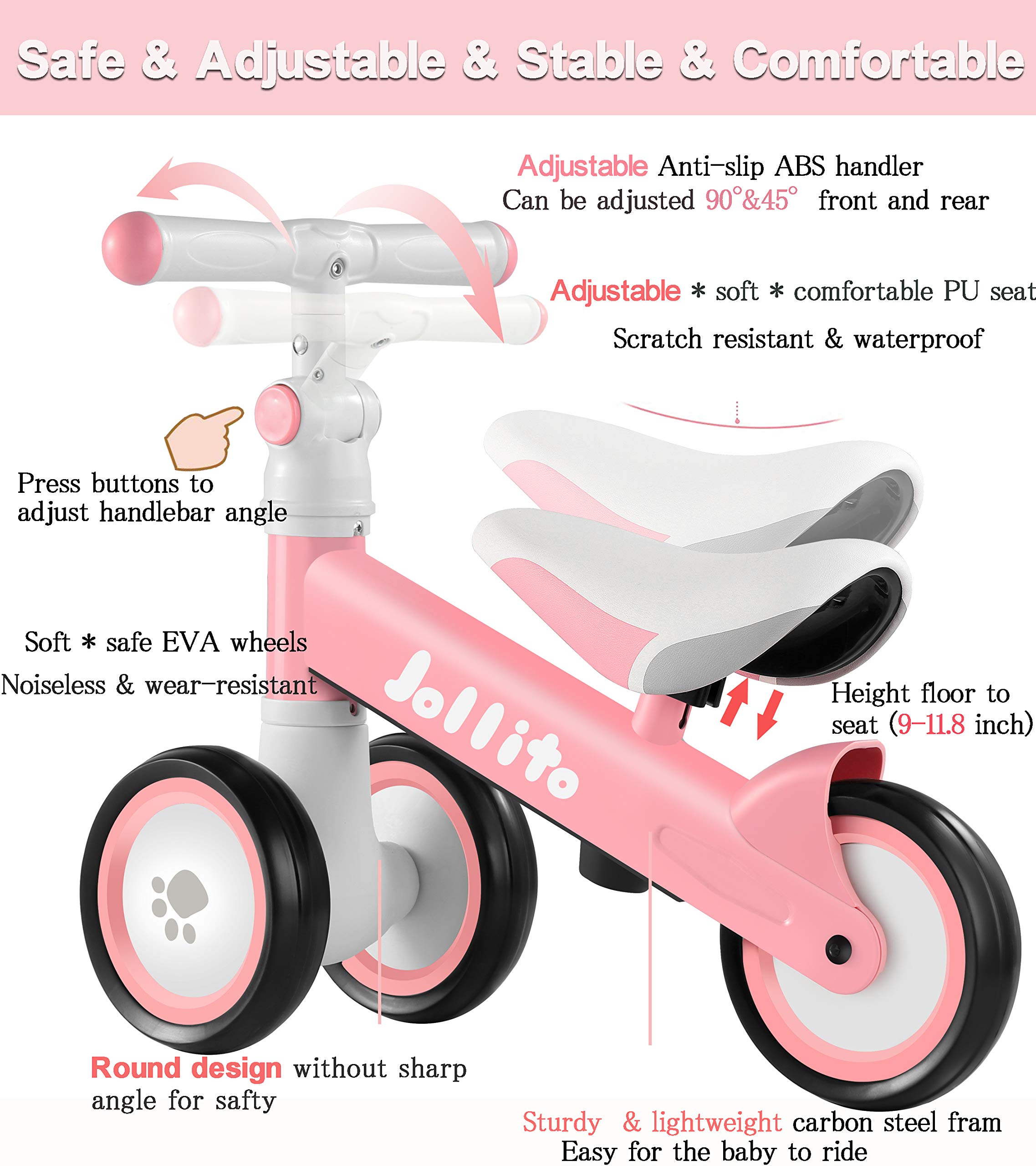 Jollito Baby Balance Bike, Adjustable Toddler Baby Bicycle 12-24 Months with 3 Silent Wheels, No Pedal Toddlers Walker Bike Riding Toy for 1 Year Old Boys Girls, Best Birthday Gift