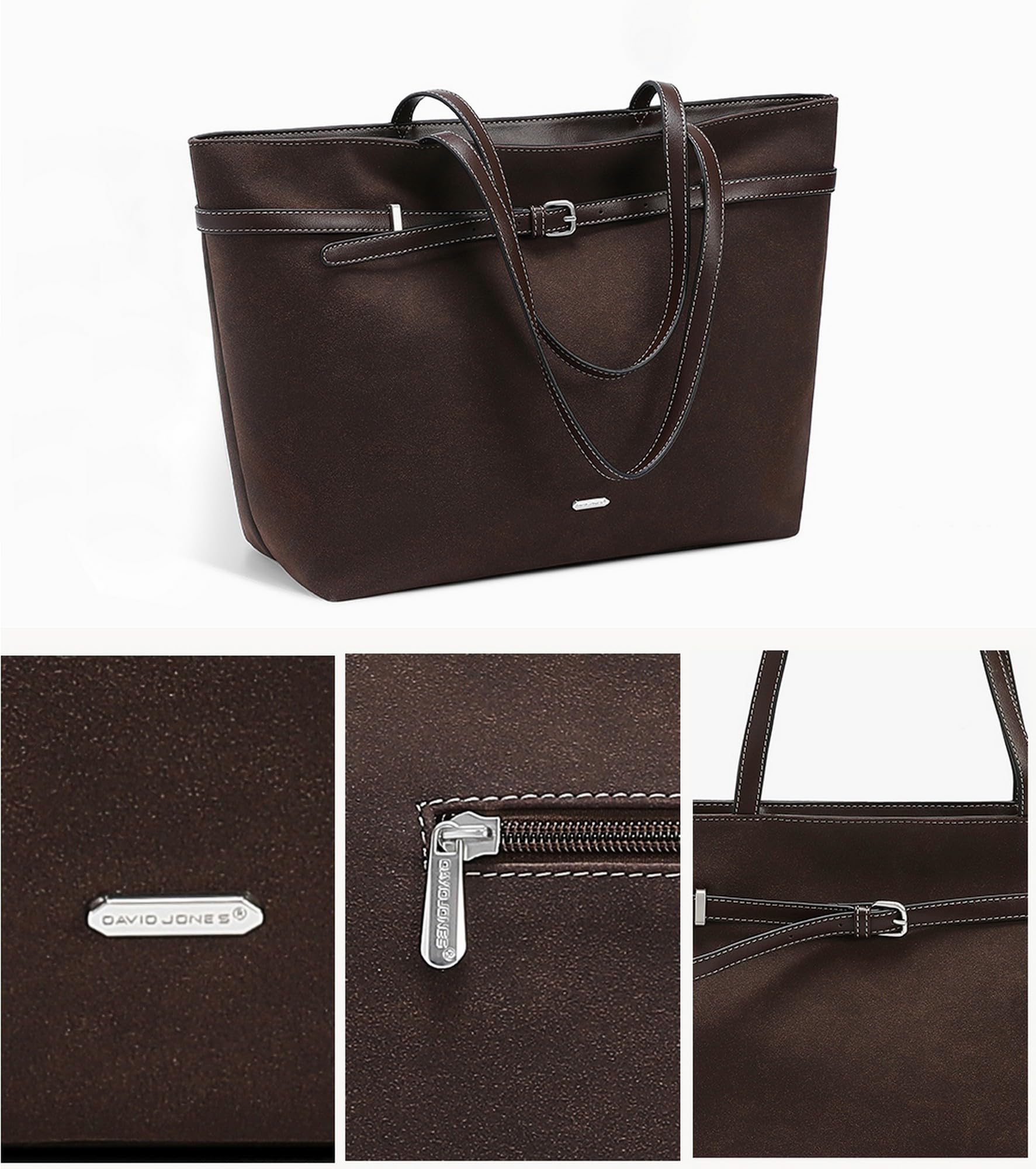 David Jones – Bolso de mano para mujer ante de gran tamaño – Bolso de mano para el hombro durante la escuela secundaria de trabajo – Bolso de mano de ante flexible – Shopper de gran capacidad A4 asas