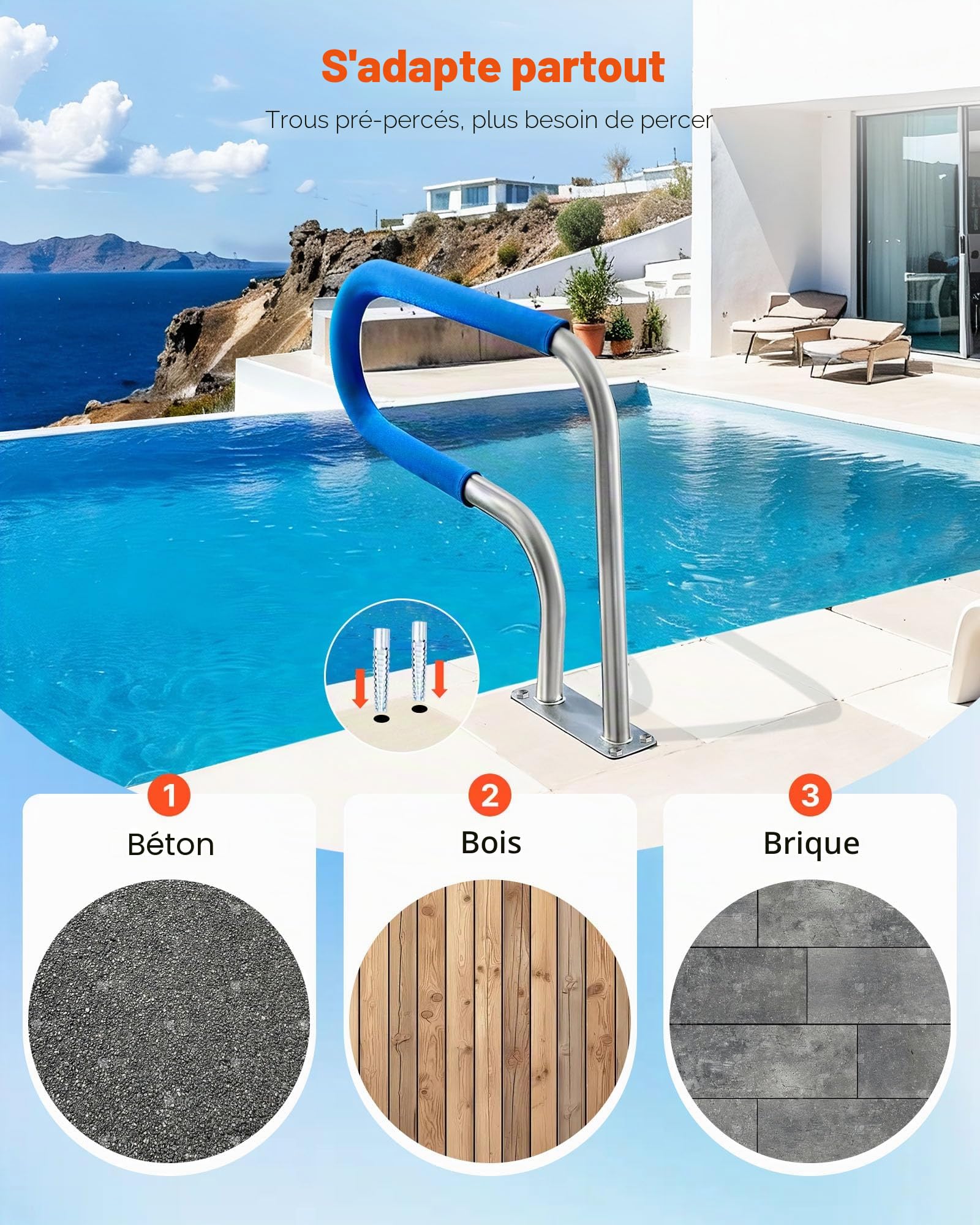 VEVOR Rail de piscine 30x22 Garde-corps de piscine en acier inoxydable 304, 250LBS Main courante de piscine, humanisée avec couvercle de poignée bleu et mèche M8 et vis autotaraudeuses