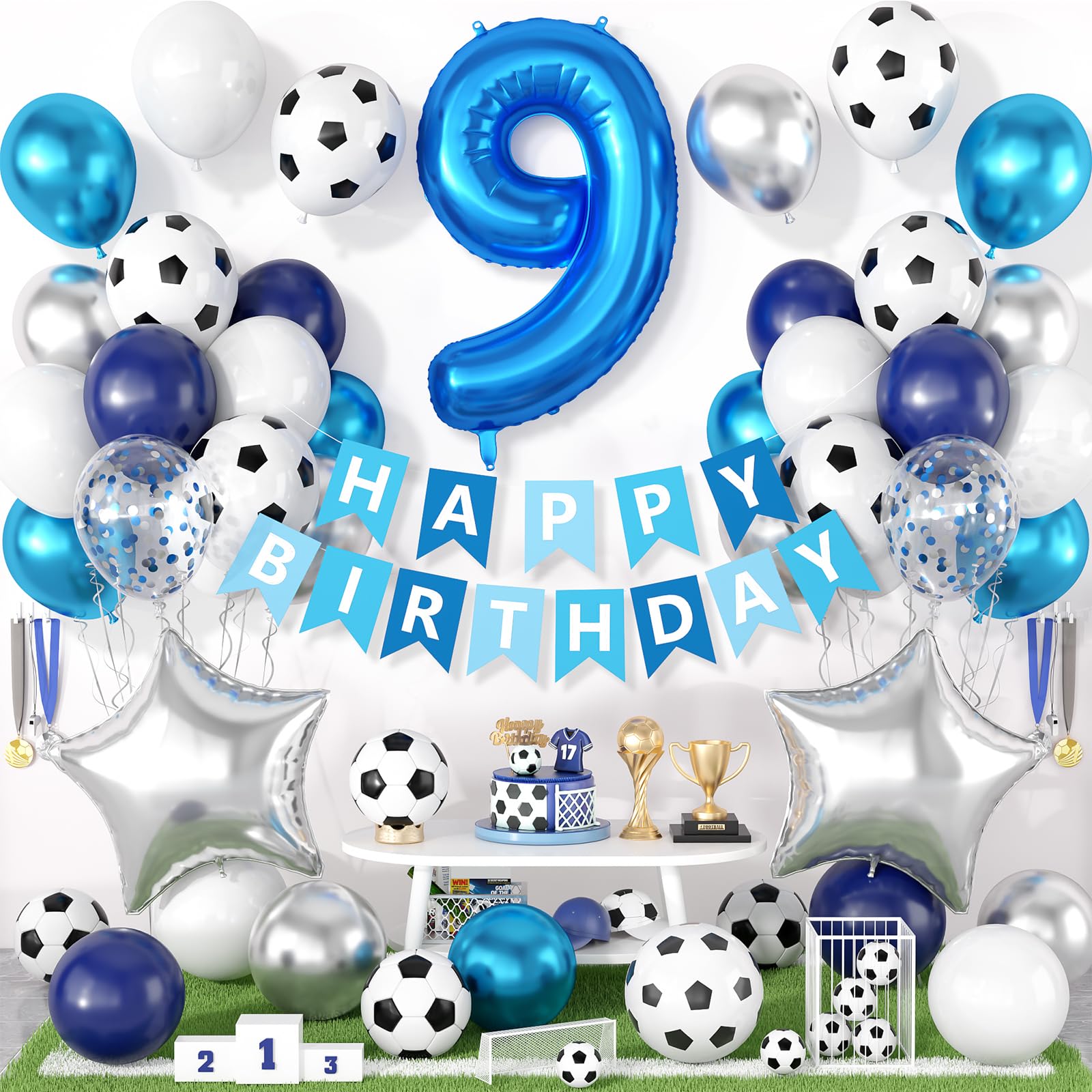 9th Football Party Decorations for Boys, Football Birthday Decoration with Blue White Silver Balloons Happy Birthday Banner Cake Toppers 32in Foil 9 Balloon for Boys Kids Birthday Decor