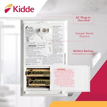 Kidde Carbon Monoxide Detector, Plug-in Wall with AA Battery Backup, Test-Hush Button