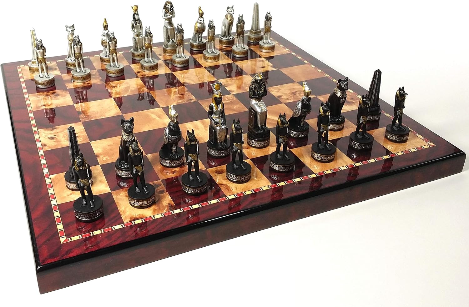 Egyptian Anubis Chess Men Set Black and Silver with Gold Accents & 18" High Gloss Cherry and Burlwood Color Board