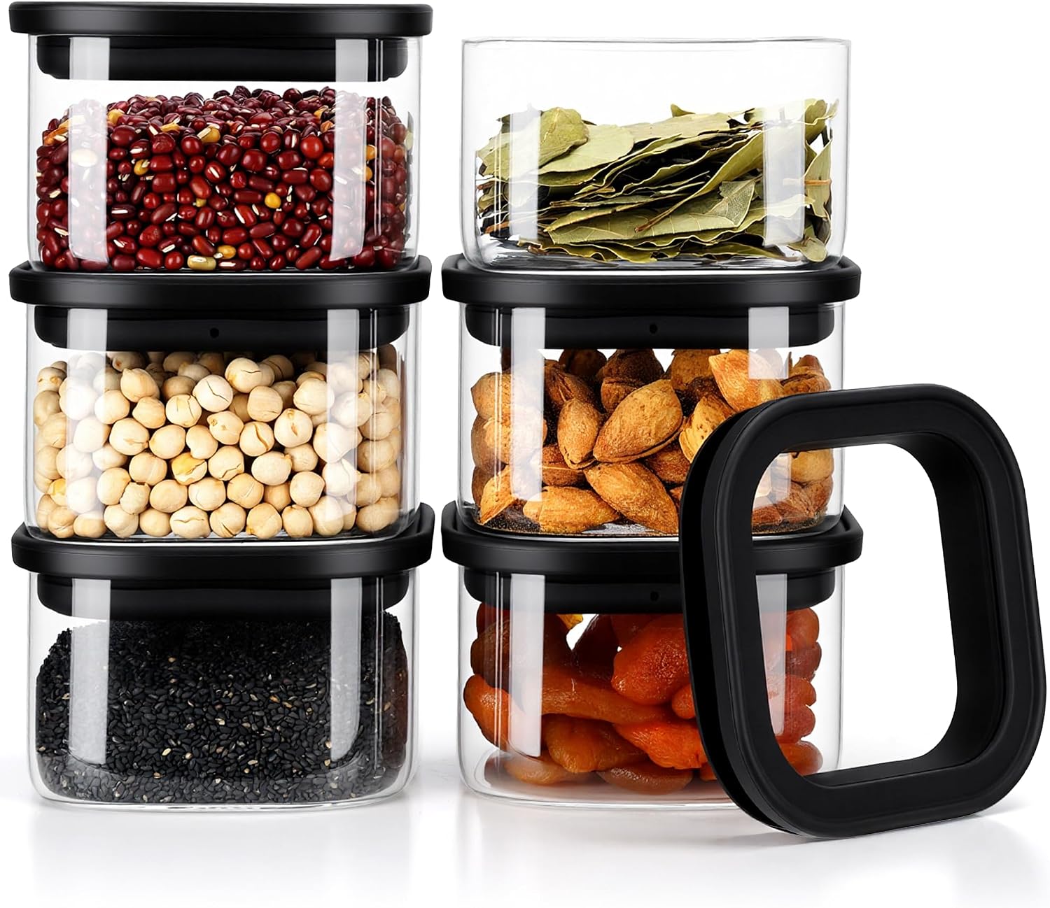 Storage Jars with Lids 6 x 360 ml - Airtight Storage Jars with Glass Lids in Black Square Storage Jars Glass with Lid Moth-proof & Dishwasher Safe
