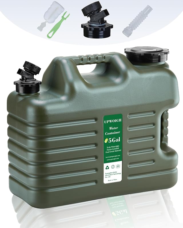 5 Gallon Camping Water Jug with Spigot, Military Green, 1 Pack | BPA-Free HDPE, Dual Cap Openings, Built-In Handles, Leak-Resistant Design, Portable Storage for Travel and Emergencies