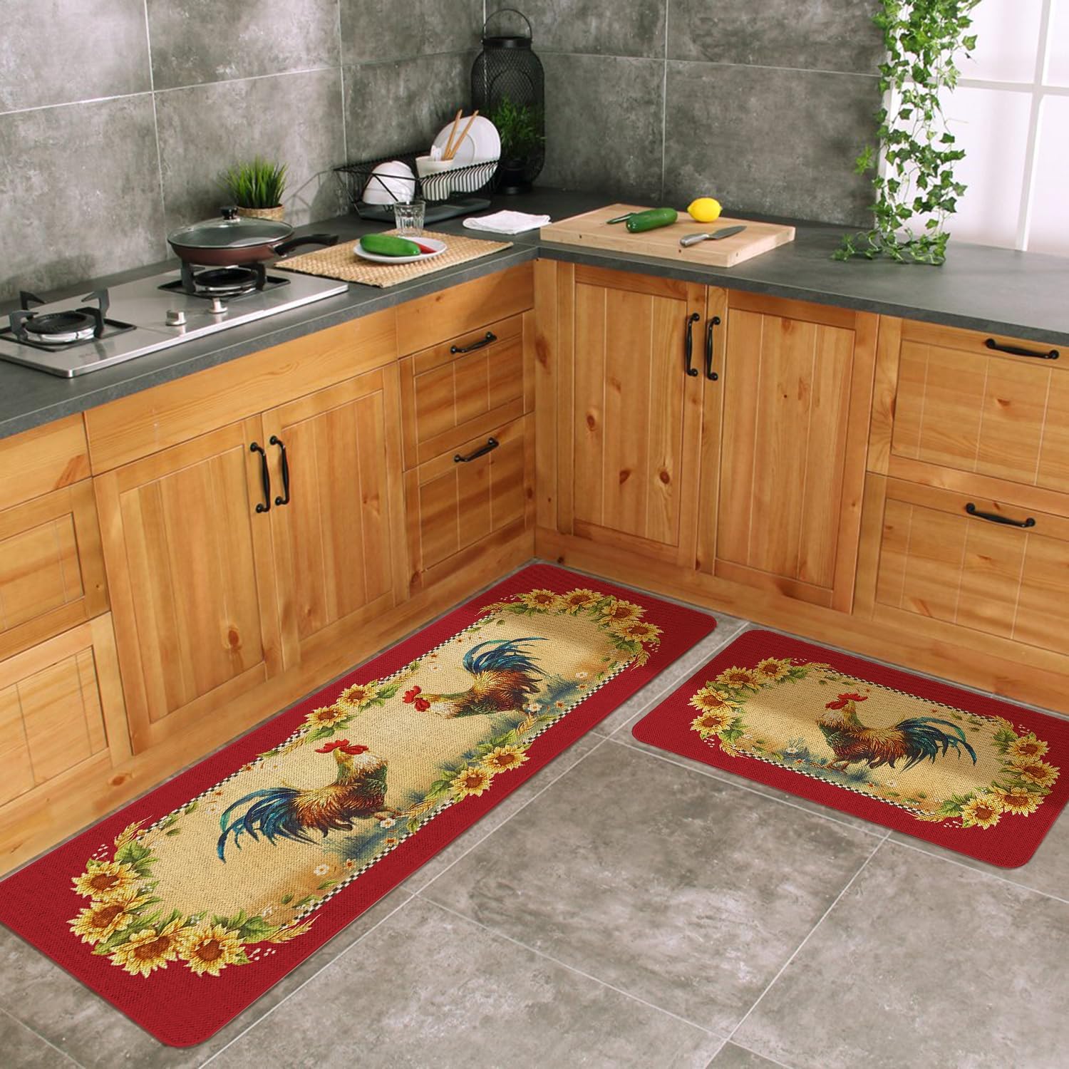 Farmhouse Kitchen Mats Set of 2 Non-Slip Red Farm Rooster Kitchen Rugs Seasonal Home Decor Low Profile Washable Floor Mat 17x47 Inch and 17x29 Inch - Image 2