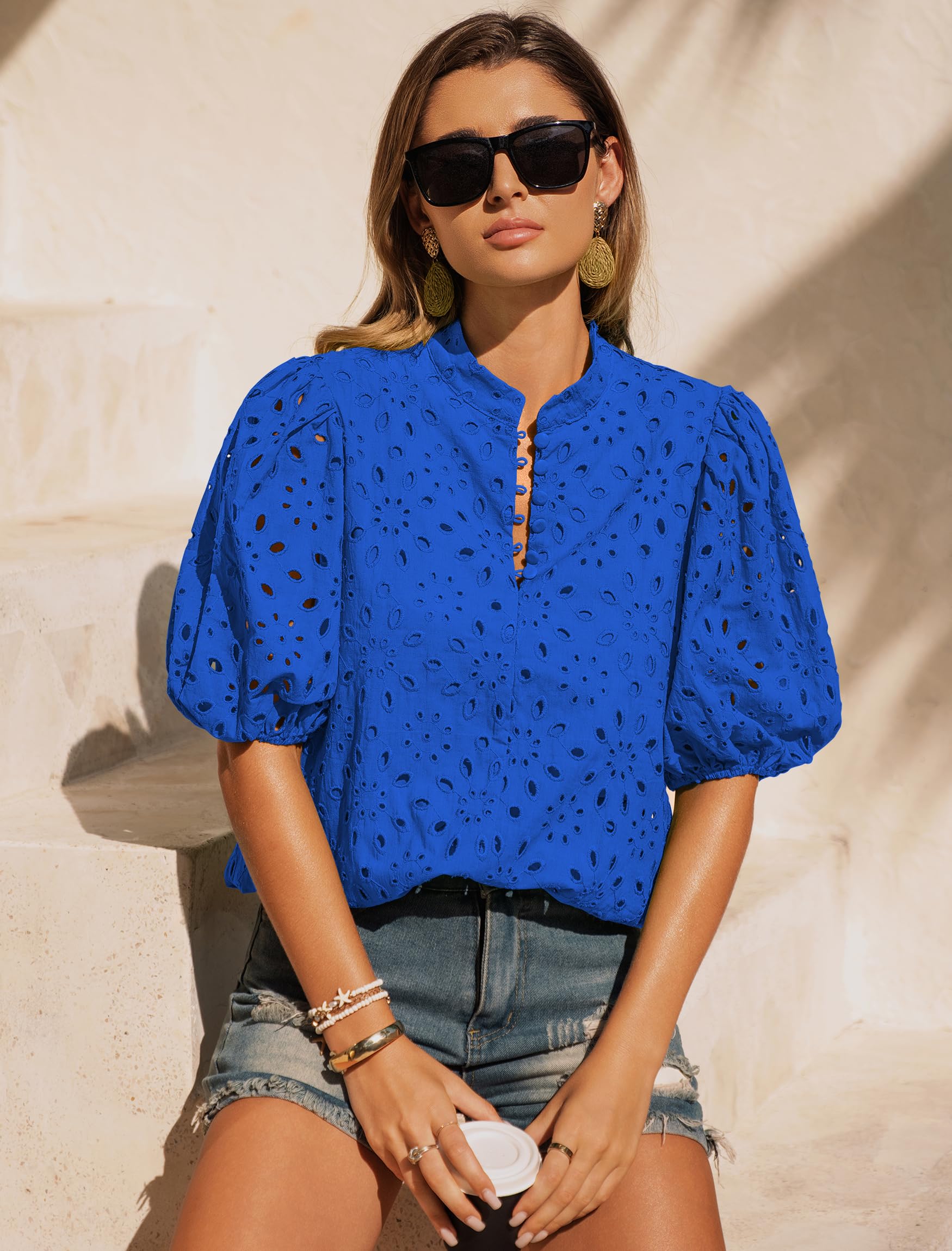 Blusas de verano con ojales para mujer, manga corta, botones, cuello en V, elegantes, informales, con encaje bordado
