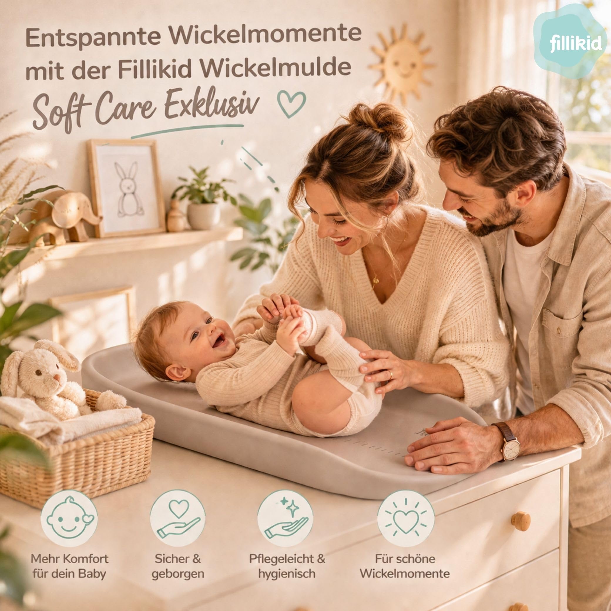 Fillikid Wickelmulde Soft Care Exklusiv 72x45 cm | Abwaschbare Wickelauflage aus EVA | Weiche Liegefläche mit erhöhtem Rand | Pflegeleicht & hygienisch | Modernes Design für Babyzimmer, ab Geburt