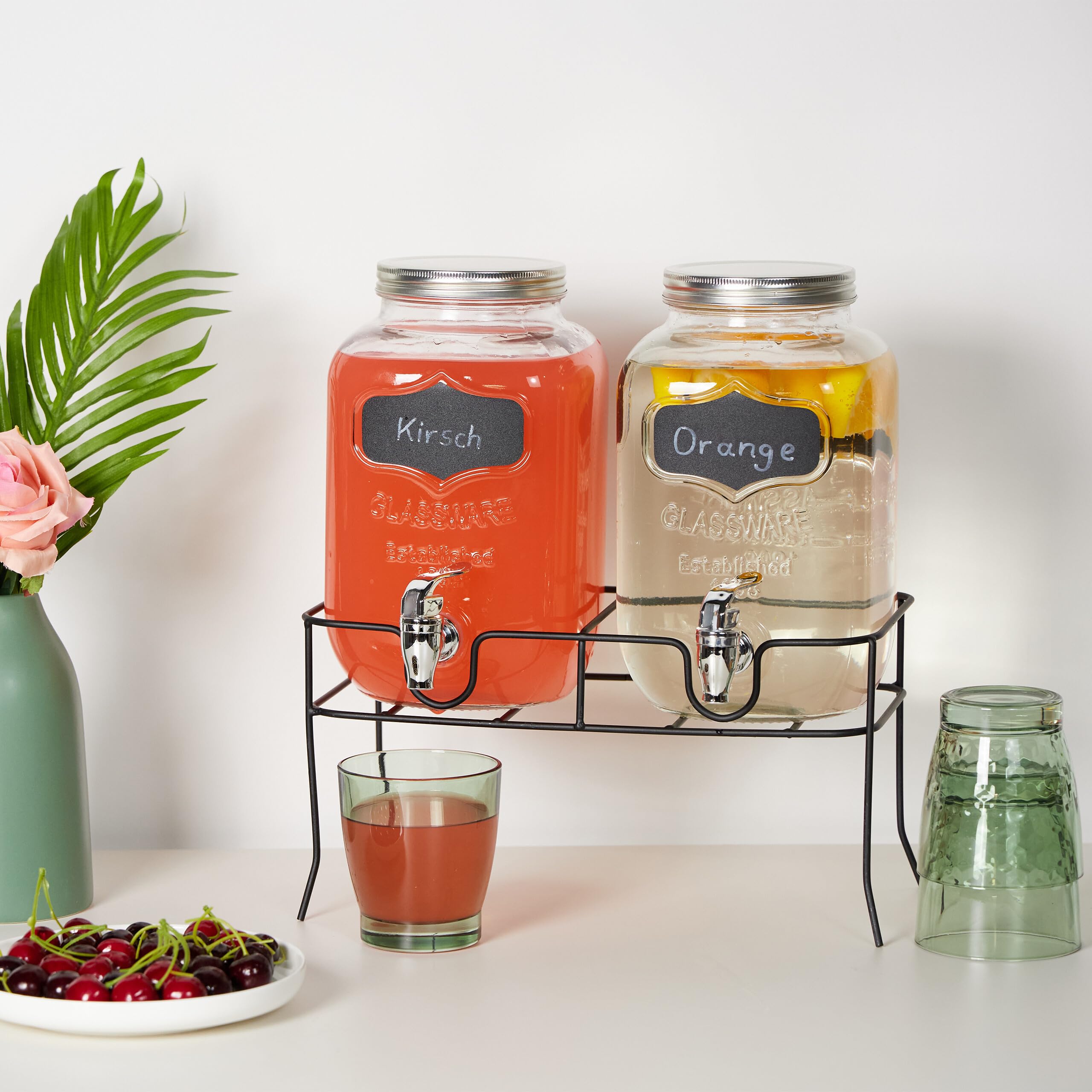 Relaxdays Set 2 Dispensadores Bebidas con Soporte, Recipiente Limonada 4L, Grifo y Tapa, Cristal, Surtidor, Transparente