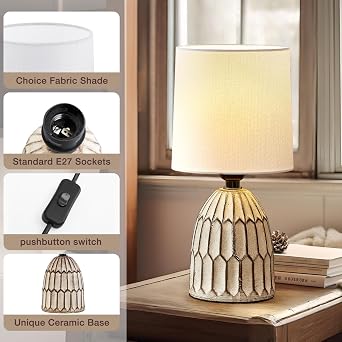 GyroVu Cermaic Table Lamp Set of 2, Boho Table Lamps for Bedside | Small Nightstand lamp with Ceramic Base and Fabric Shade for Bedroom Living Room Decoration [Energy Class A]