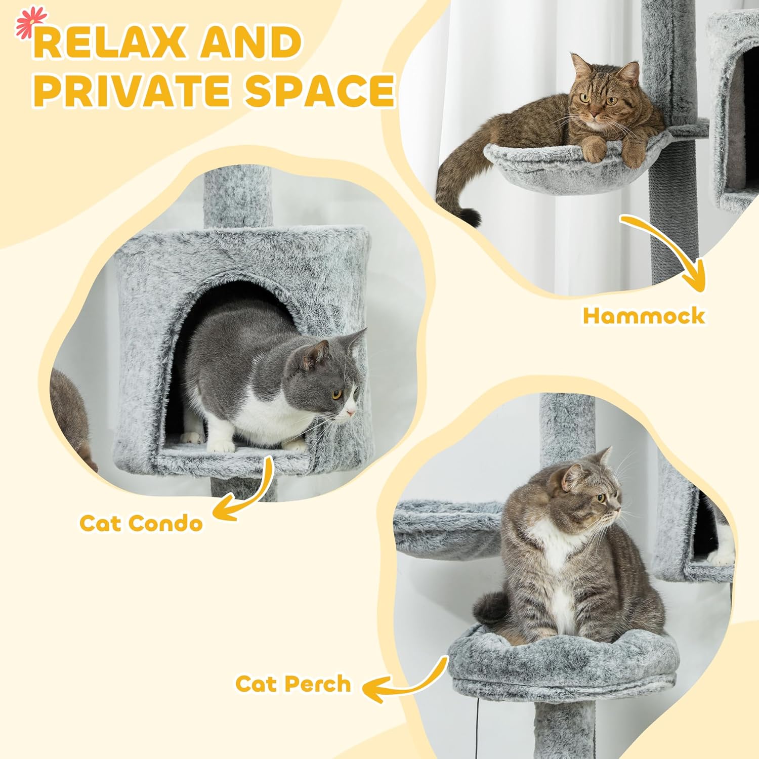 Adjustable Gray Floor-to-Ceiling Cat Tree Tower with Hammocks and Condo