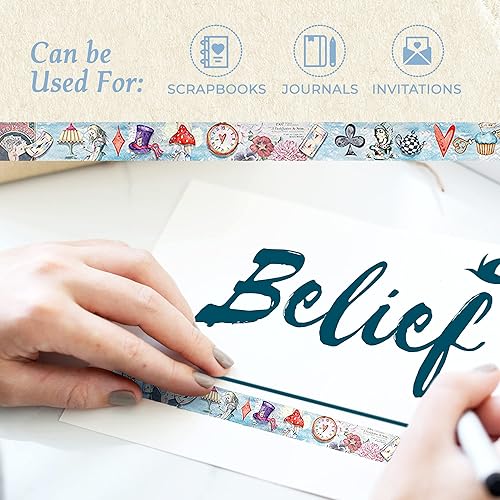 Miniatura 7 de Serenity Fair Alicia en el país de las maravillas cinta washi de acuarela, rollo de cinta adhesiva reutilizable, suministros de manualidades