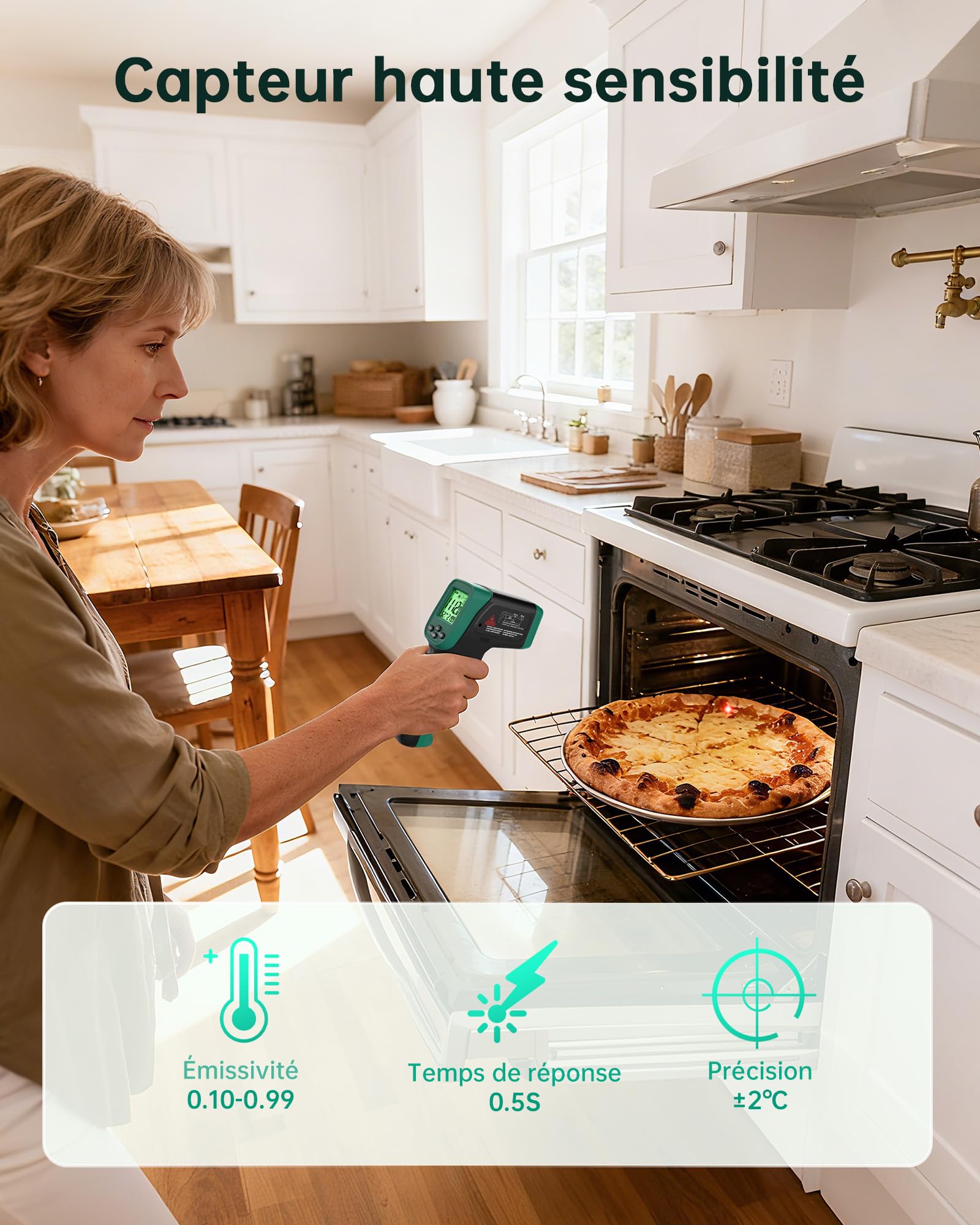 Thermomètre infrarouge ERICKHILL de -50 °C à 800 °C, thermomètre laser numérique sans contact avec sonde à viande de -50 °C à 300 °C, émissivité réglable - Convient pour la cuisson/grillage