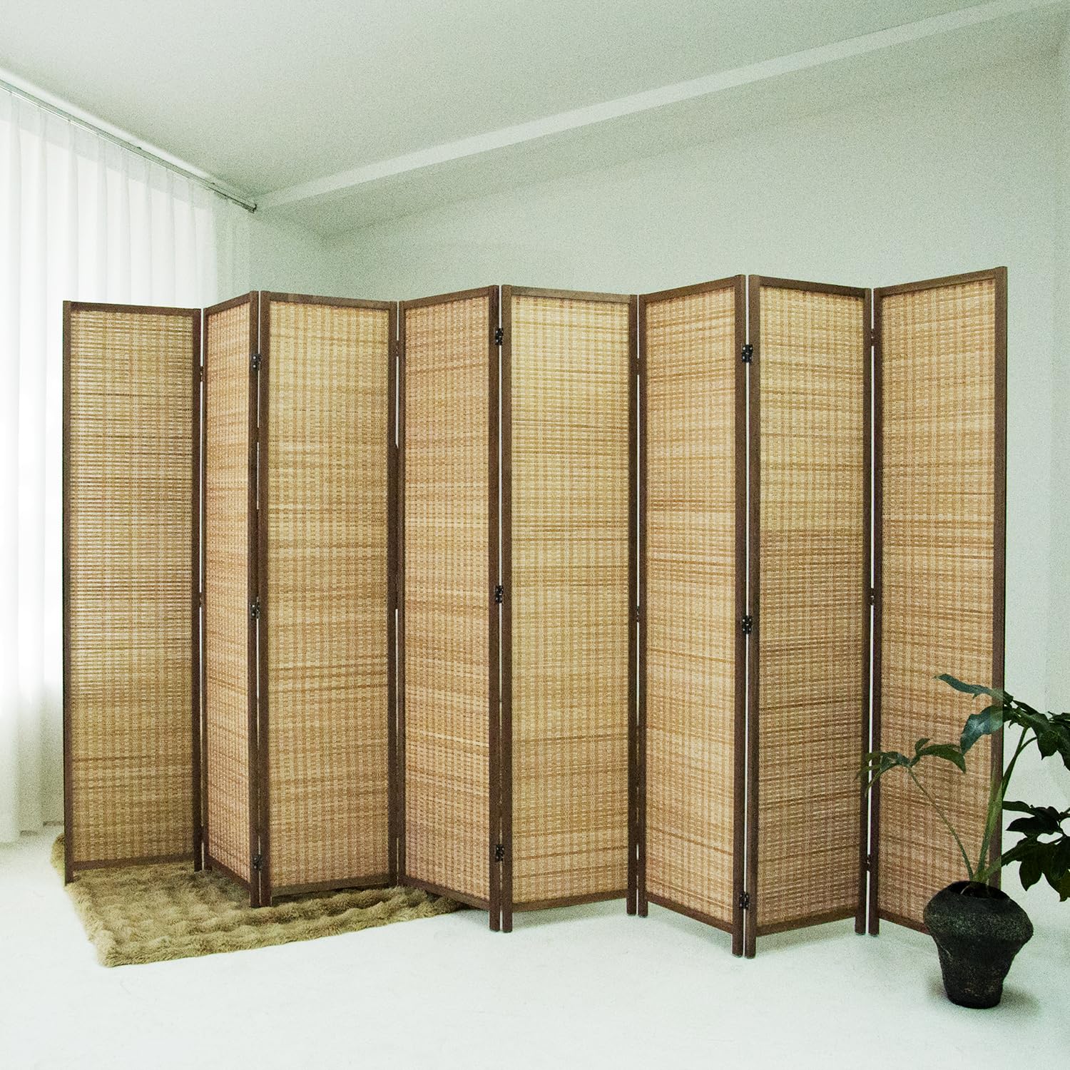 Photo 1 of Loomveil 8 Panel Bamboo Room Divider - 5.6 ft Tall Brown Folding Privacy Screen, Double-Sided Freestanding Partition Wall with Natural Wood Frame for Home Office & Corner Privacy
