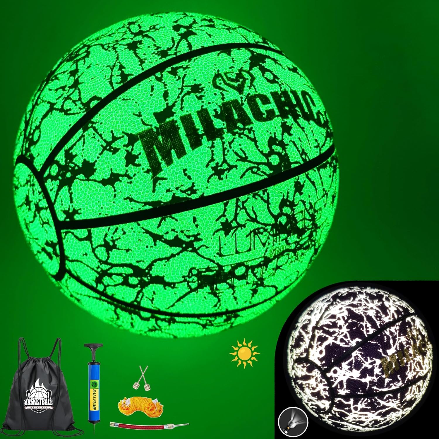Glow in The Dark Holographic Basketball - Official Size 7 Indoor Outdoor Luminous Glowing Leather Basketball 29.5" - with Pump